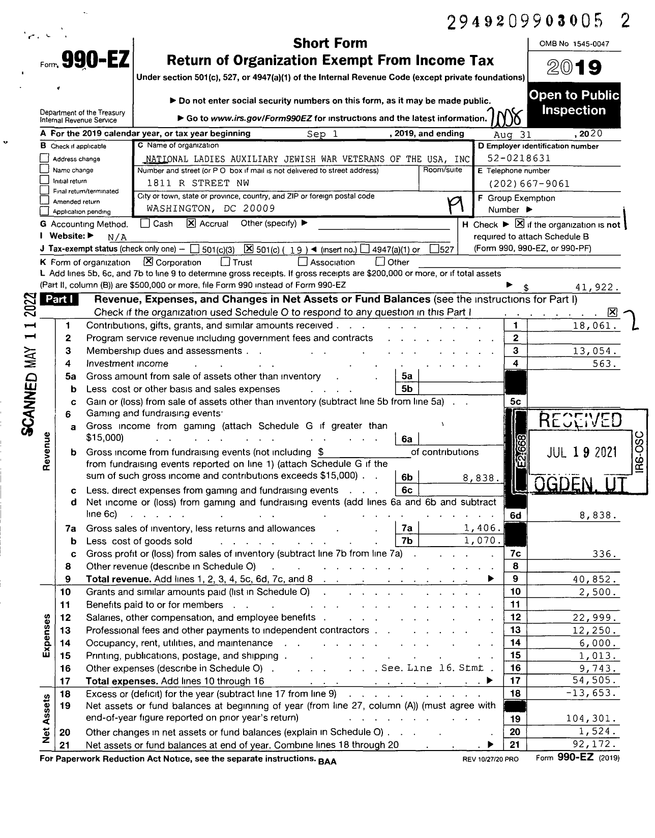 Image of first page of 2019 Form 990EO for National Ladies Auxiliary Jewish War Veterans of the USA