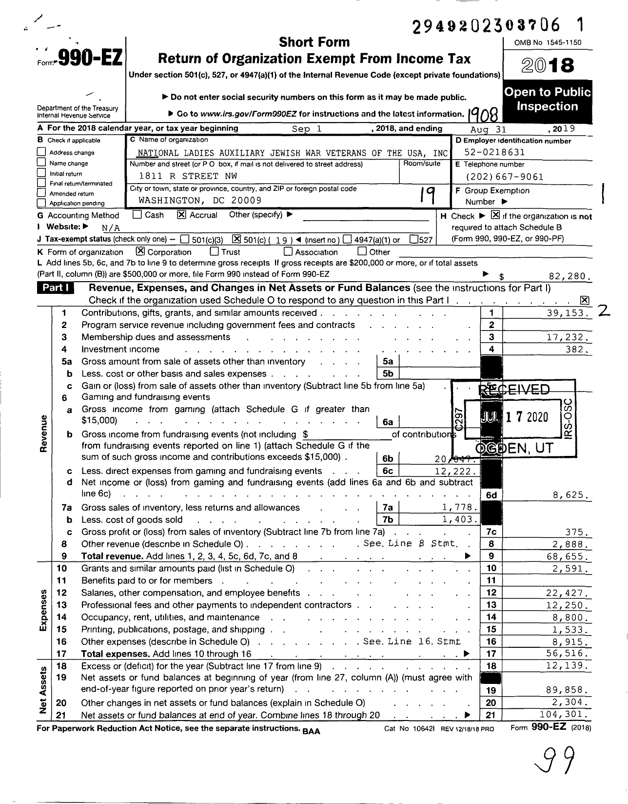 Image of first page of 2018 Form 990EO for National Ladies Auxiliary Jewish War Veterans of the USA