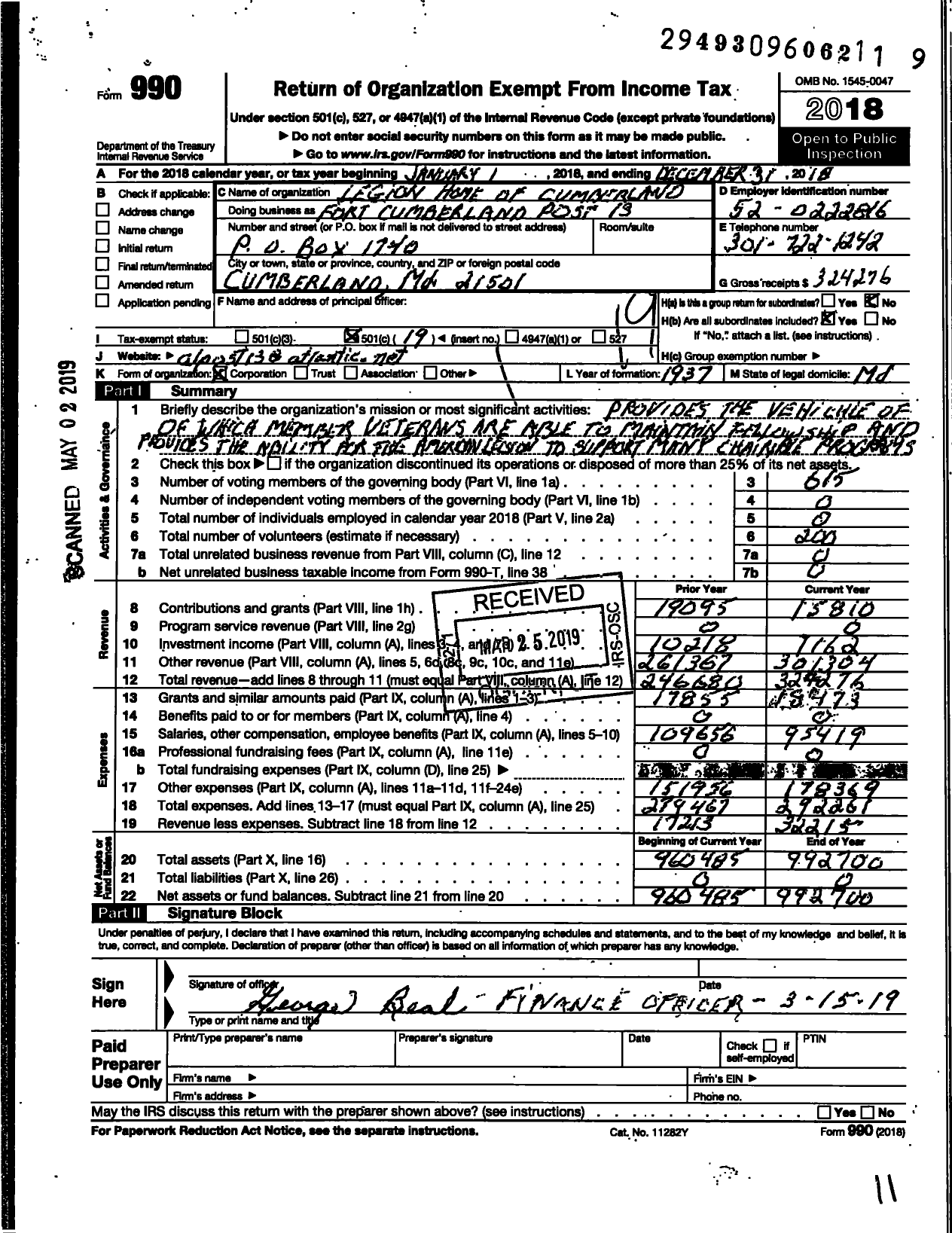 Image of first page of 2018 Form 990O for American Legion - 13 FT Cumberland