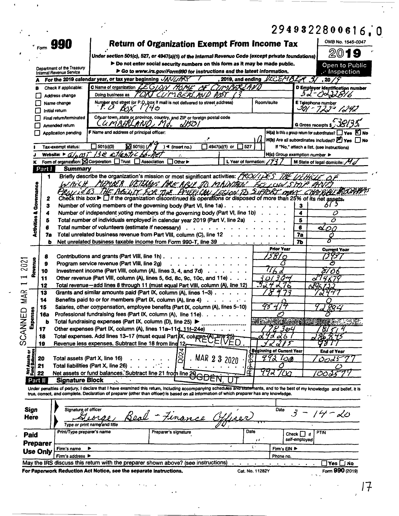 Image of first page of 2019 Form 990O for American Legion - 13 FT Cumberland