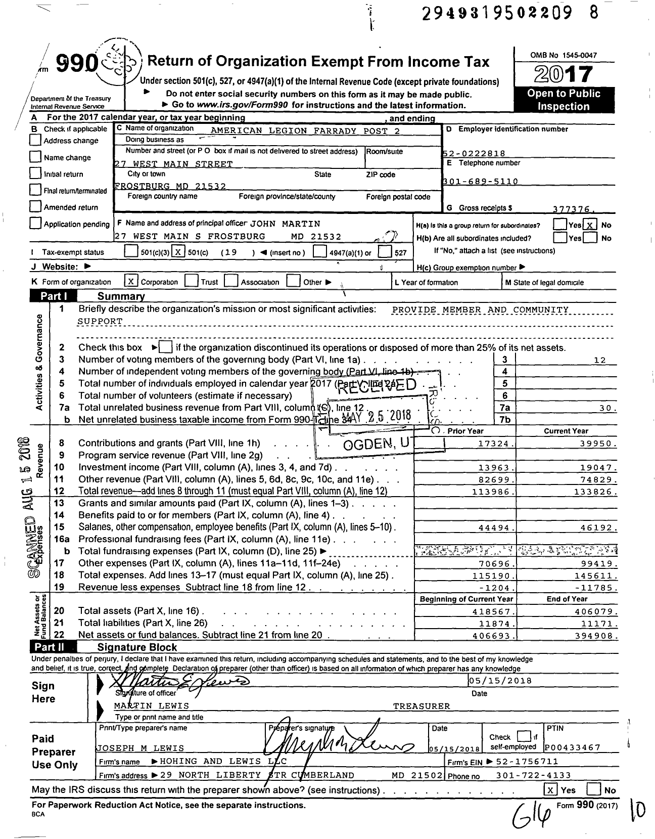 Image of first page of 2017 Form 990O for American Legion - 24 Farrady