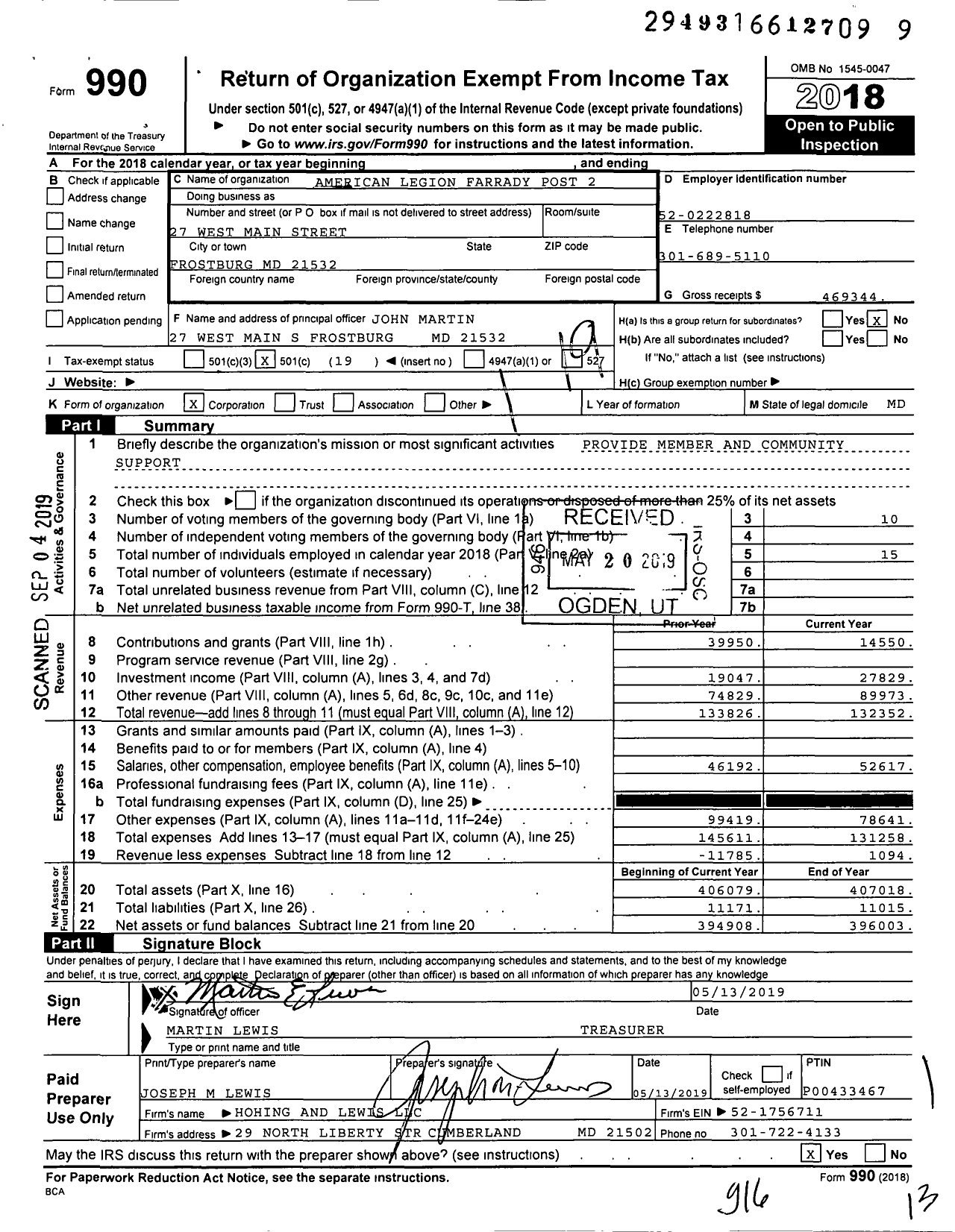 Image of first page of 2018 Form 990O for American Legion - 24 Farrady