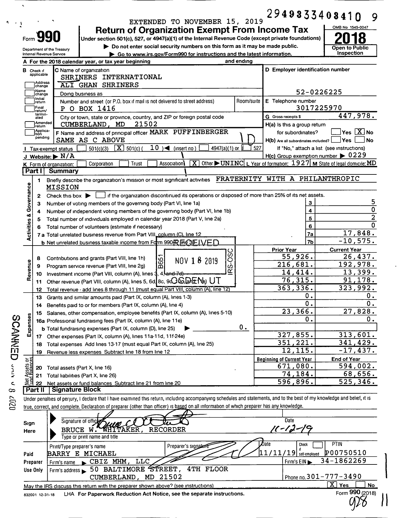 Image of first page of 2018 Form 990O for Shriners International Ali Ghan Shriners