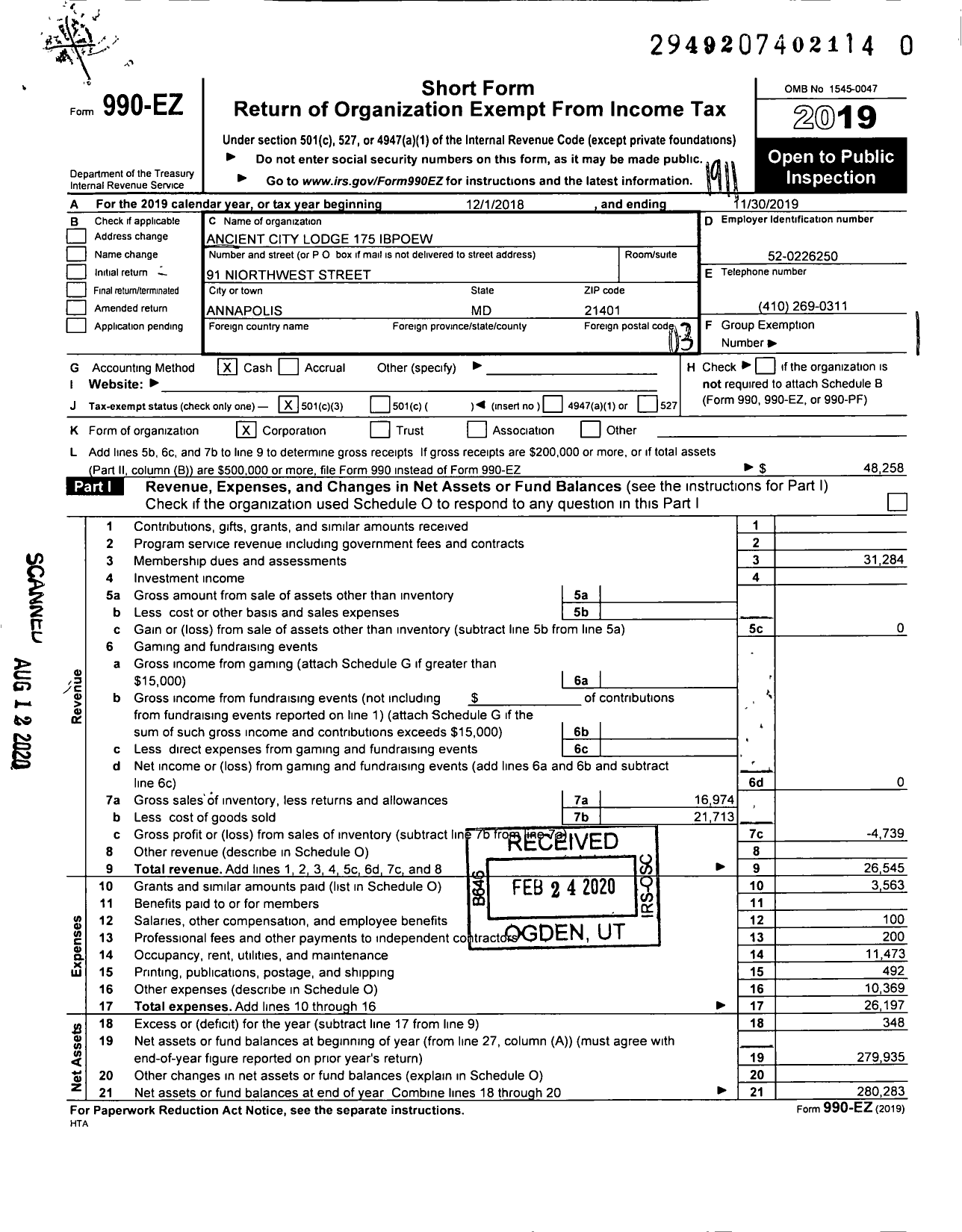 Image of first page of 2018 Form 990EZ for Improved Benevolent and Protective Order of Elks of the World - 175 Ancient City BPOE