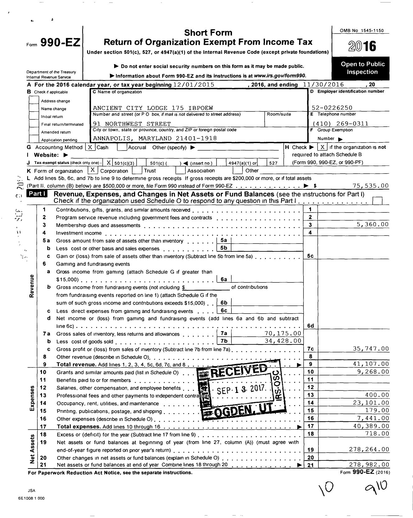 Image of first page of 2015 Form 990EZ for Improved Benevolent and Protective Order of Elks of the World - 175 Ancient City BPOE