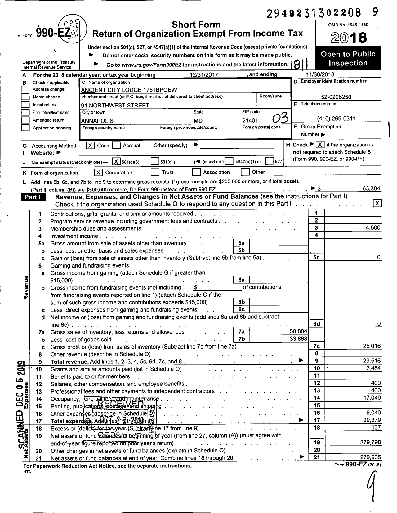 Image of first page of 2017 Form 990EZ for Improved Benevolent and Protective Order of Elks of the World - 175 Ancient City BPOE