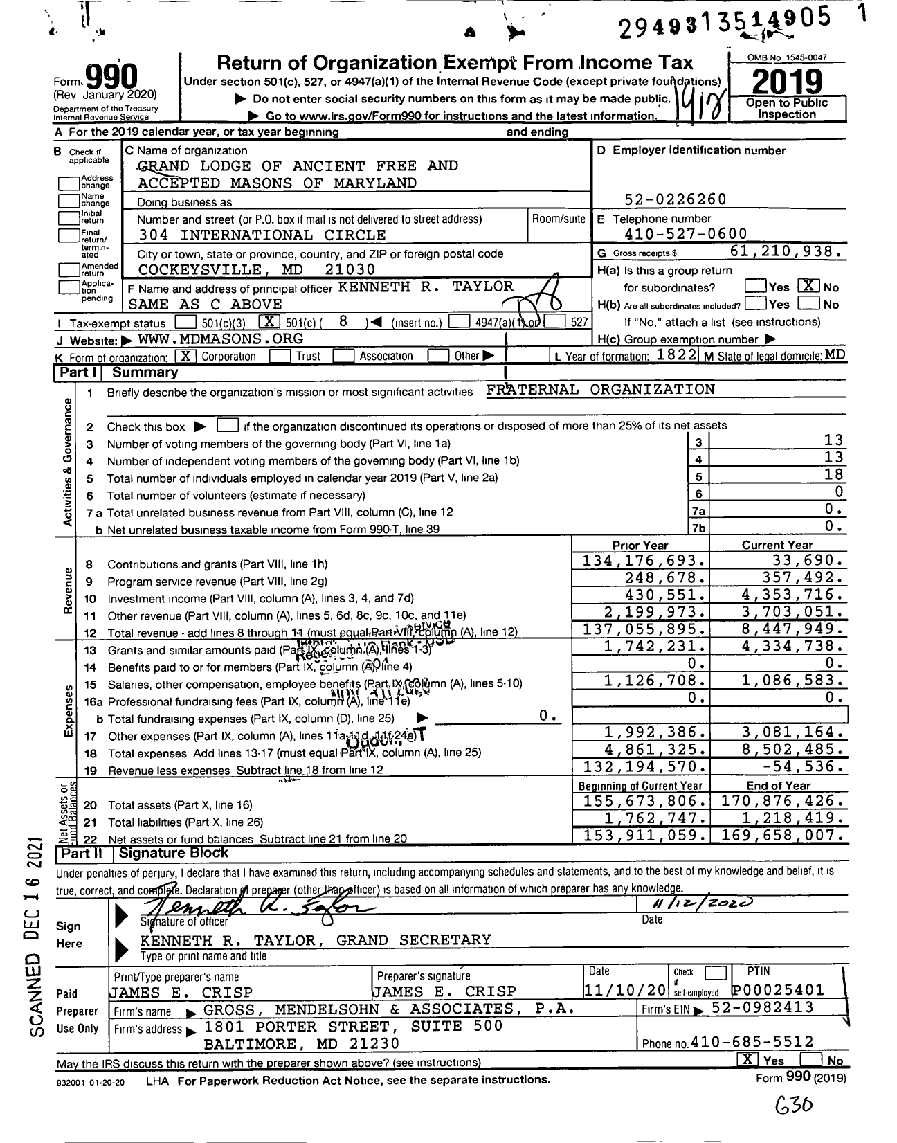 Image of first page of 2019 Form 990O for Grand Lodge of Ancient Free and Accepted Masons of Maryland