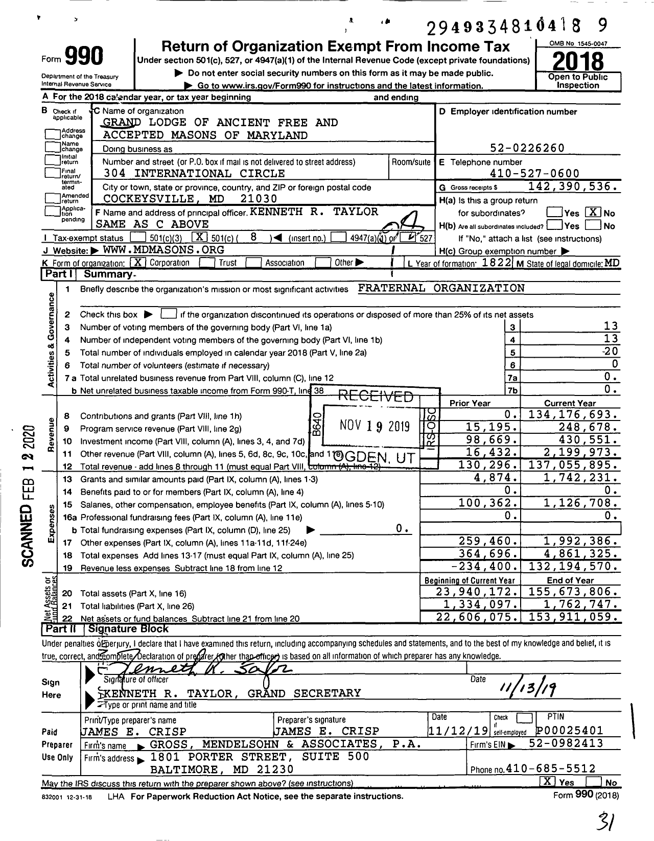 Image of first page of 2018 Form 990O for Grand Lodge of Ancient Free and Accepted Masons of Maryland