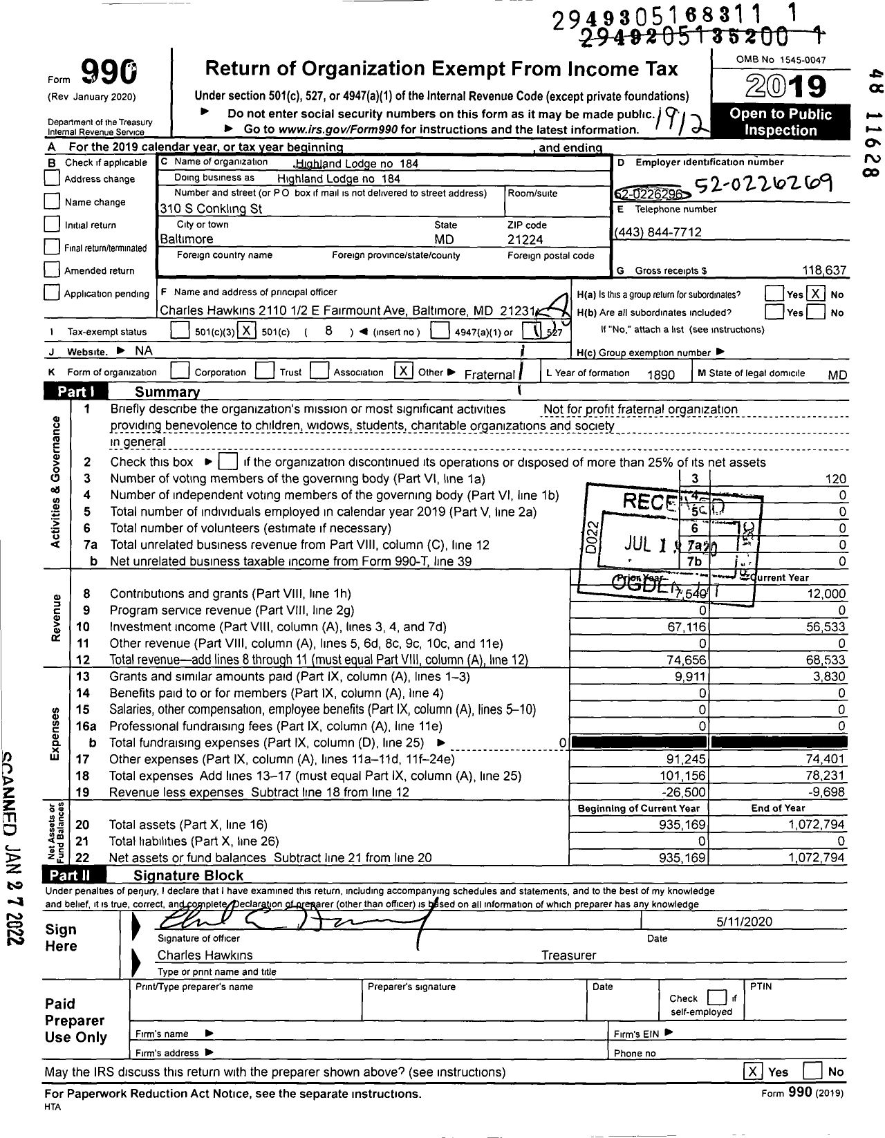 Image of first page of 2019 Form 990O for Ancient Free and Accepted Masons Of Maryland - 184 Highland