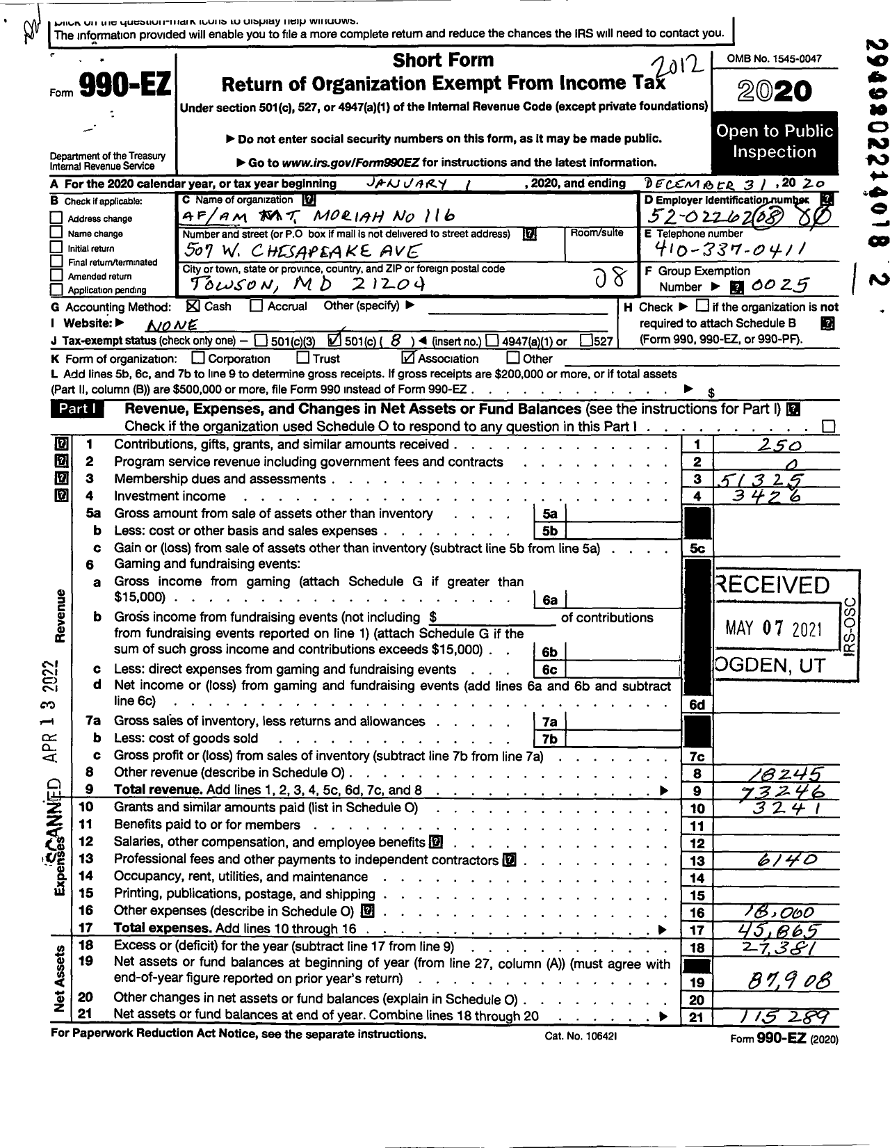 Image of first page of 2020 Form 990EO for Ancient Free and Accepted Masons of Maryland - 116 MT Moriah