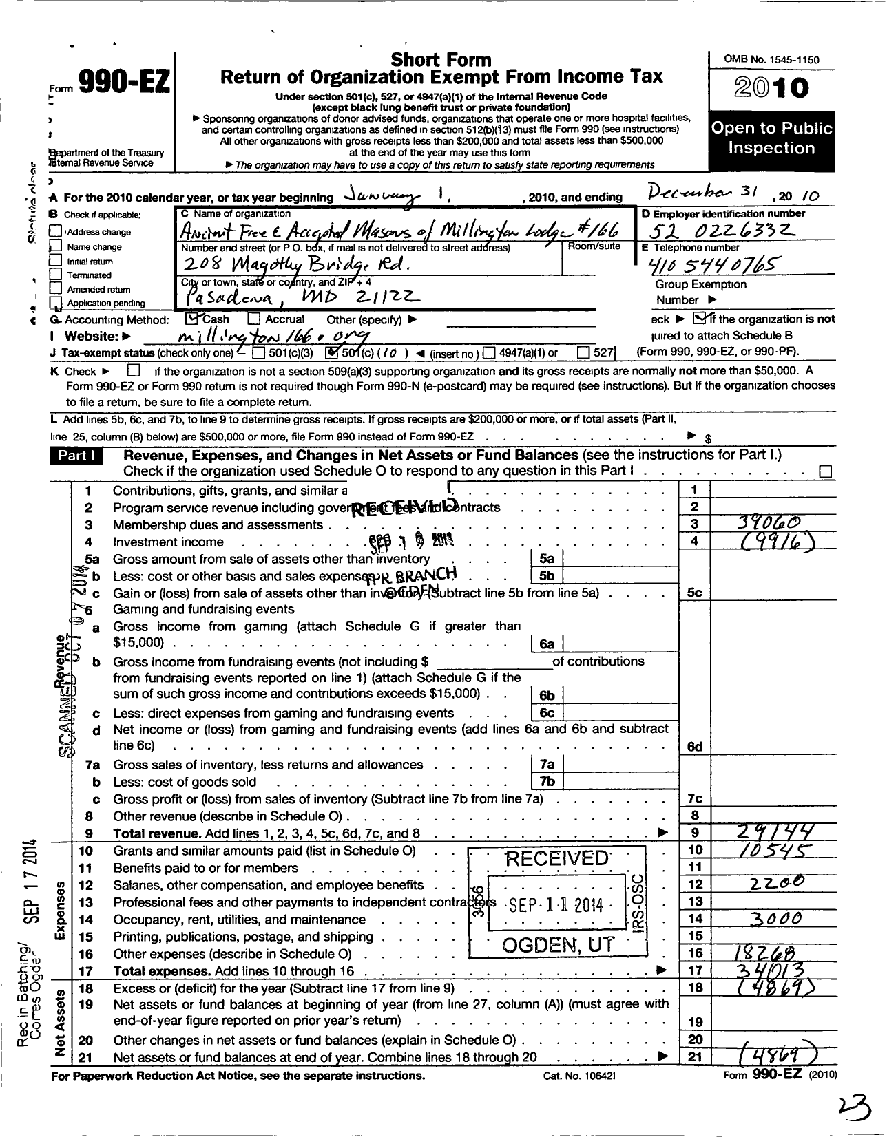 Image of first page of 2010 Form 990EO for Millington Lodge 166 Af&am of Maryland