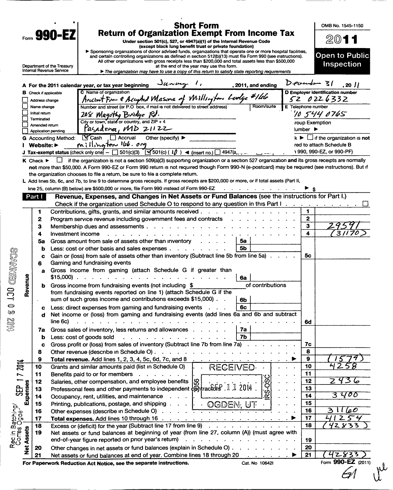 Image of first page of 2011 Form 990EO for Millington Lodge 166 Af&am of Maryland