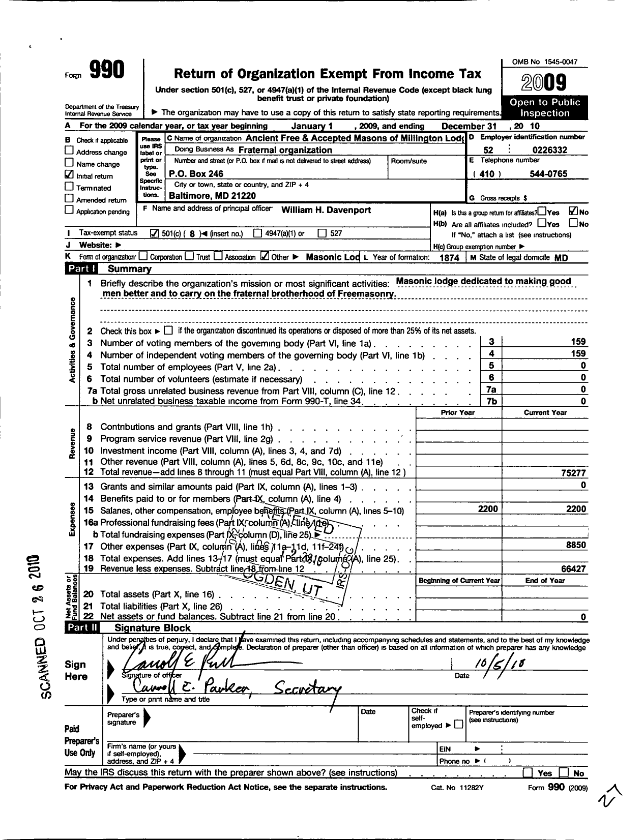 Image of first page of 2010 Form 990O for Millington Lodge 166 Af&am of Maryland