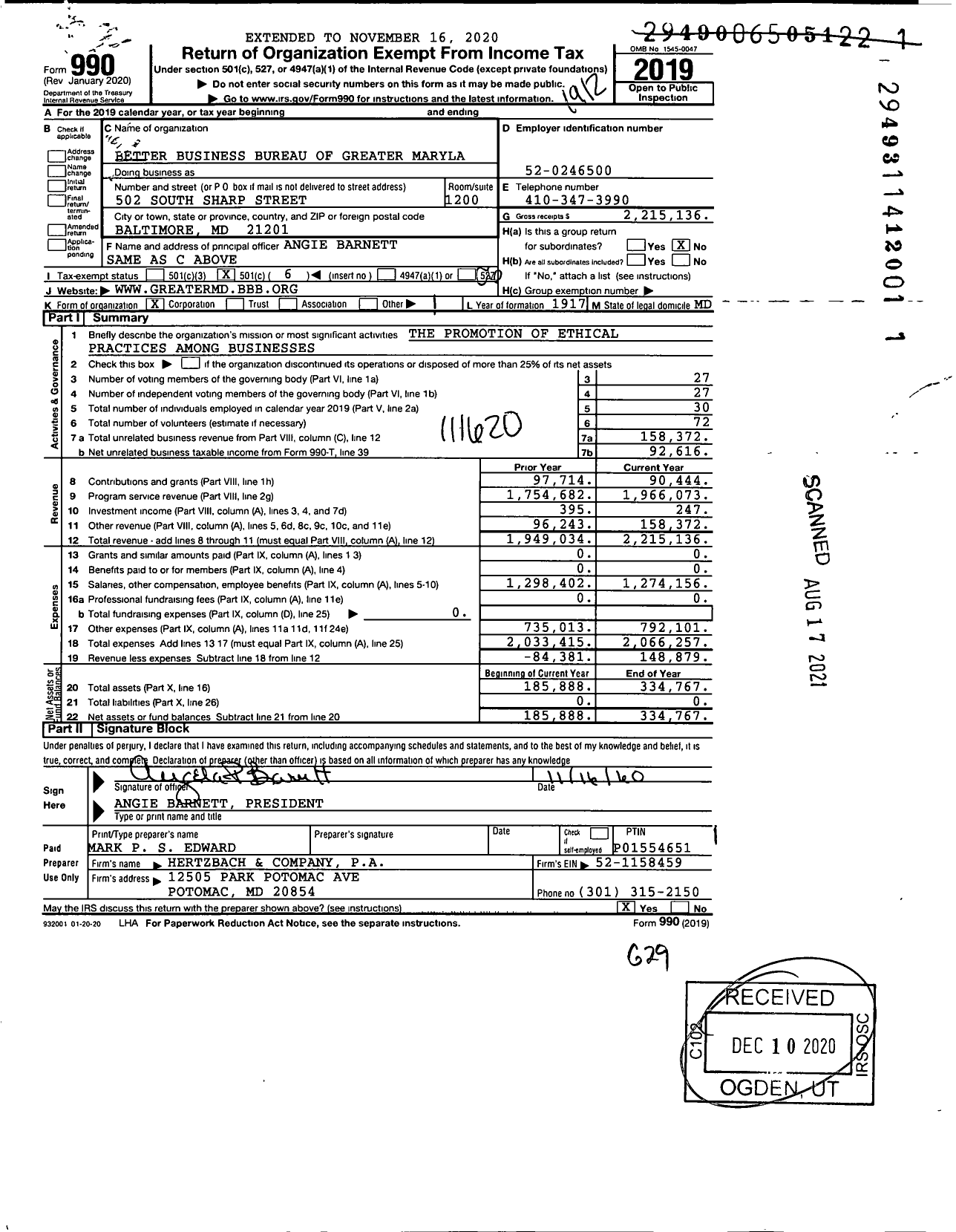 Image of first page of 2019 Form 990O for Better Business Bureau of Greater Maryland (BBB)