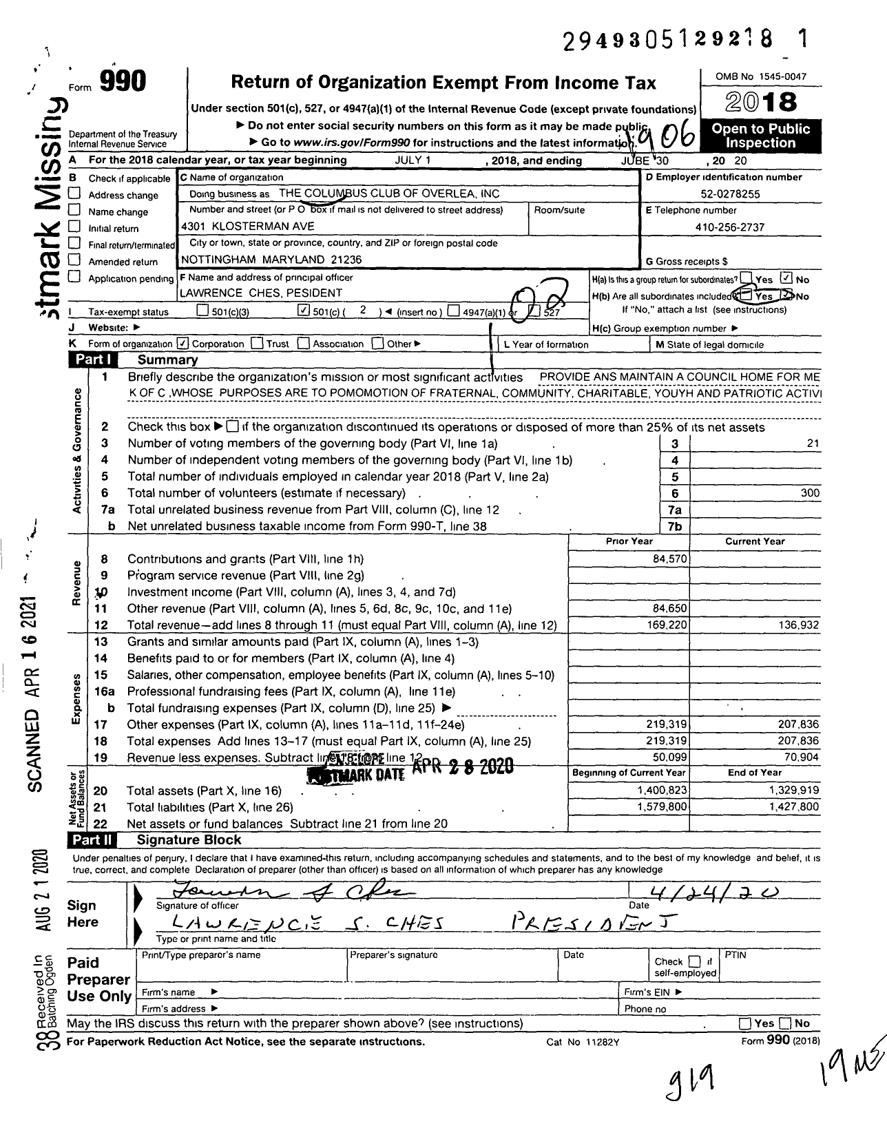 Image of first page of 2018 Form 990O for The Columbus Club of Overlea