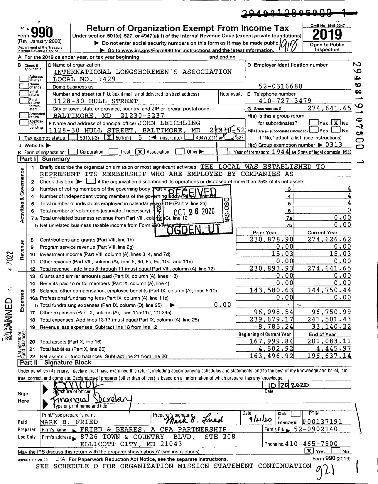 Image of first page of 2019 Form 990O for International Longshoremen's Association - 1429 Ila