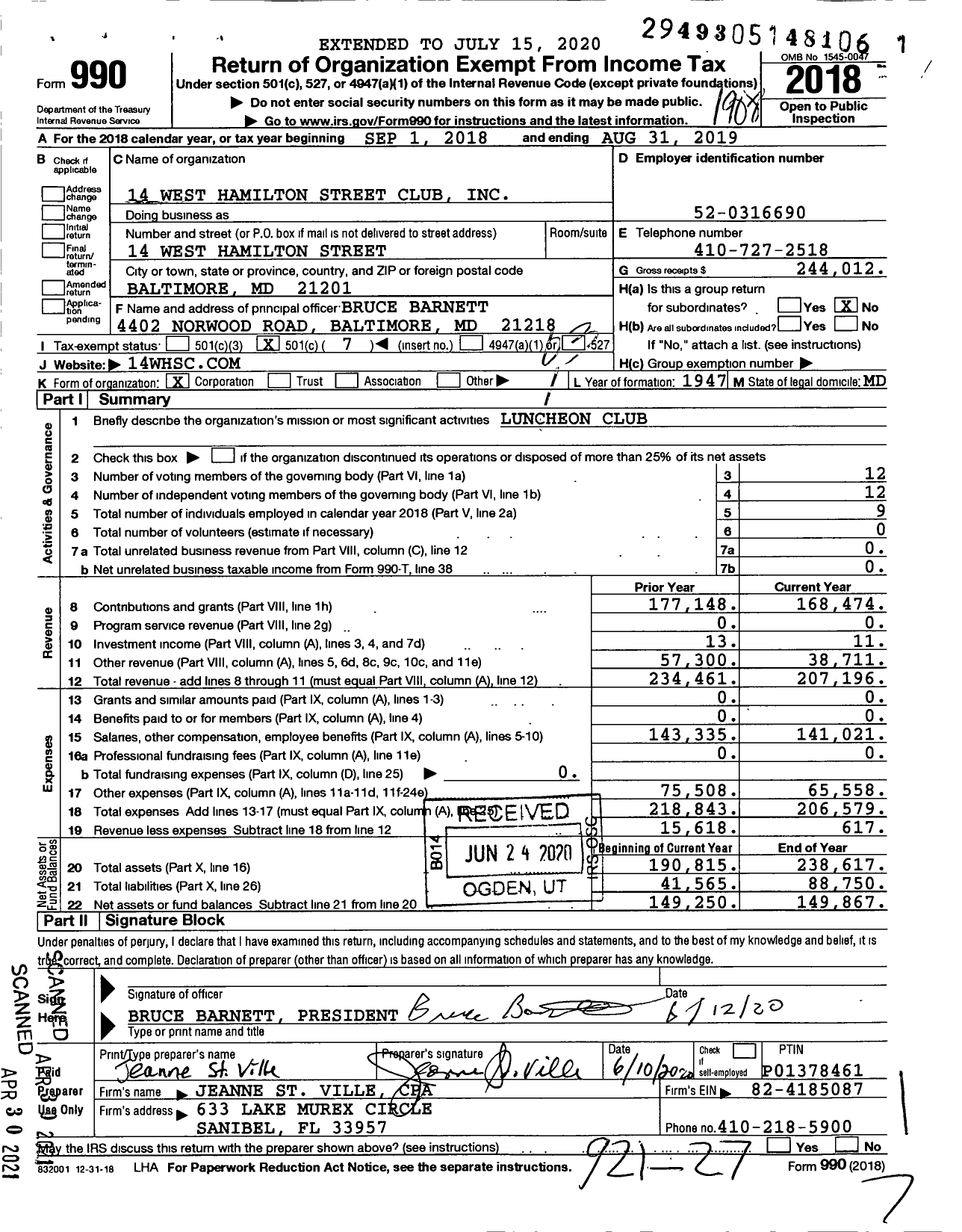 Image of first page of 2018 Form 990 for 14 West Hamilton Street Club