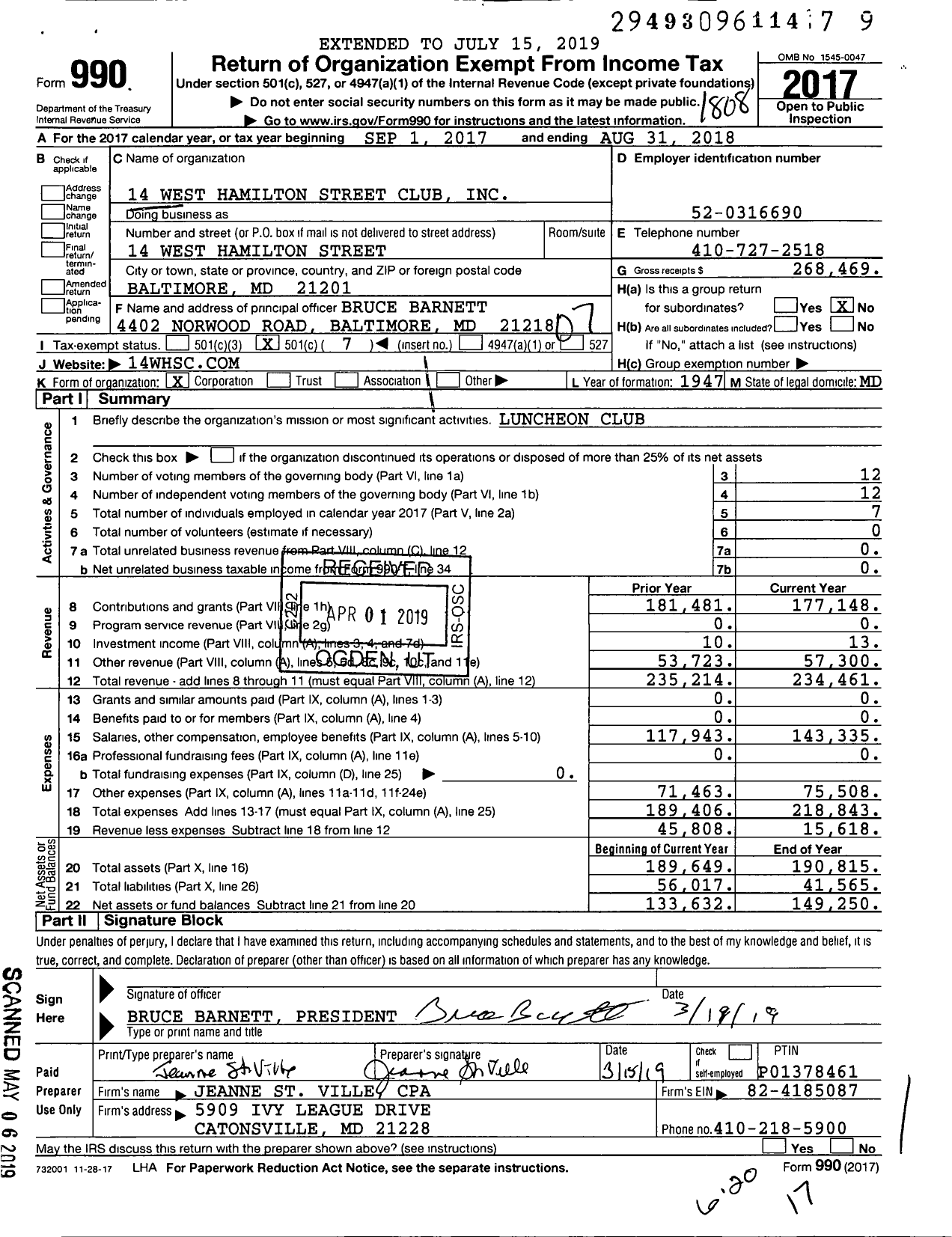 Image of first page of 2017 Form 990O for 14 West Hamilton Street Club