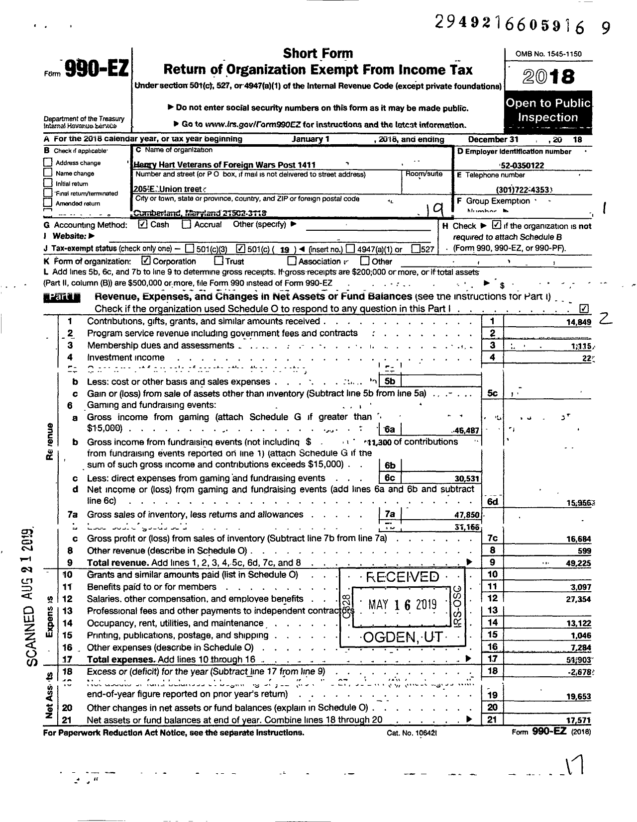 Image of first page of 2018 Form 990EO for VFW Department of Maryland - Henry Hart Post 1411