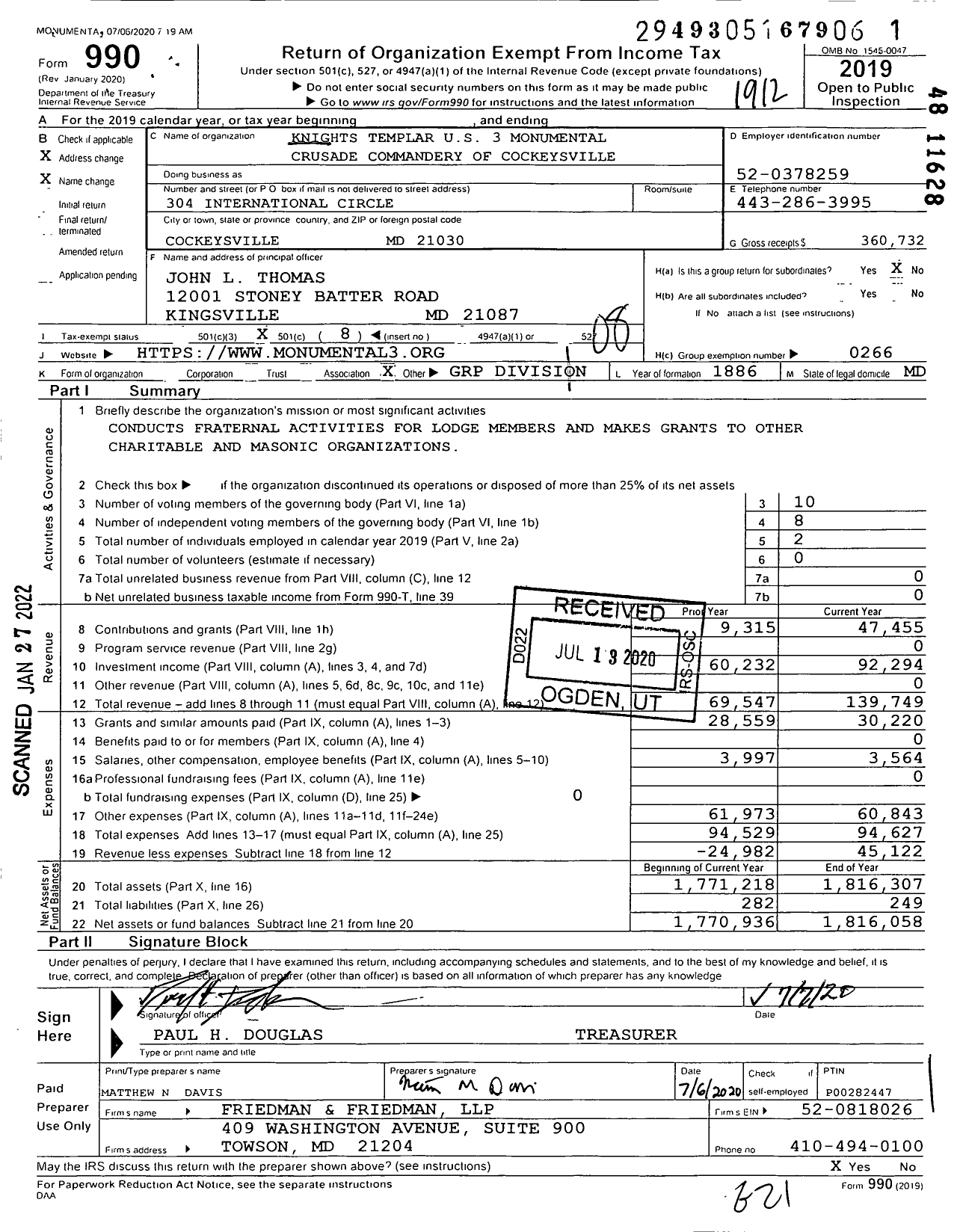 Image of first page of 2019 Form 990O for Knights Templar - 3 Monumental Commandery