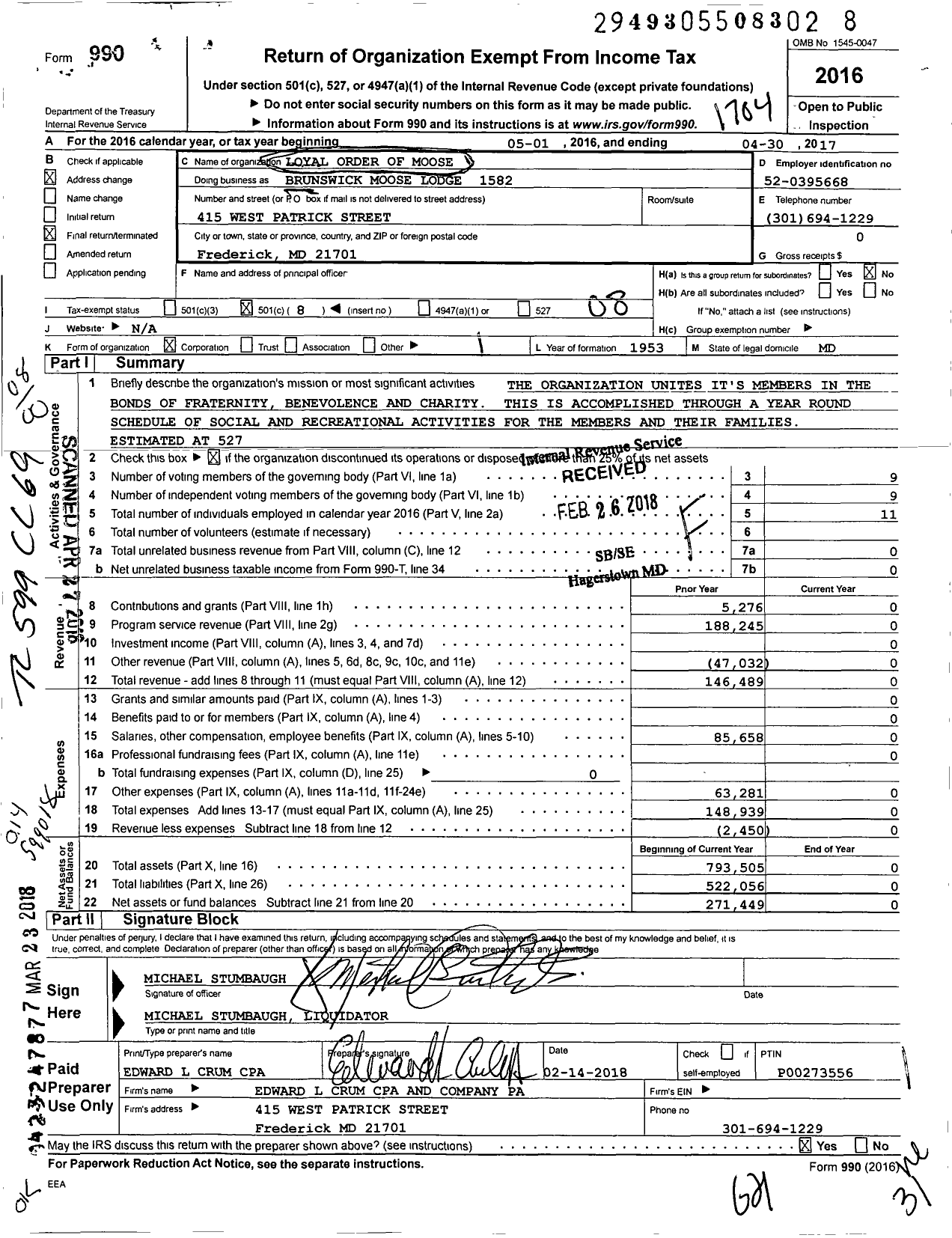 Image of first page of 2016 Form 990O for Loyal Order of Moose - 1582