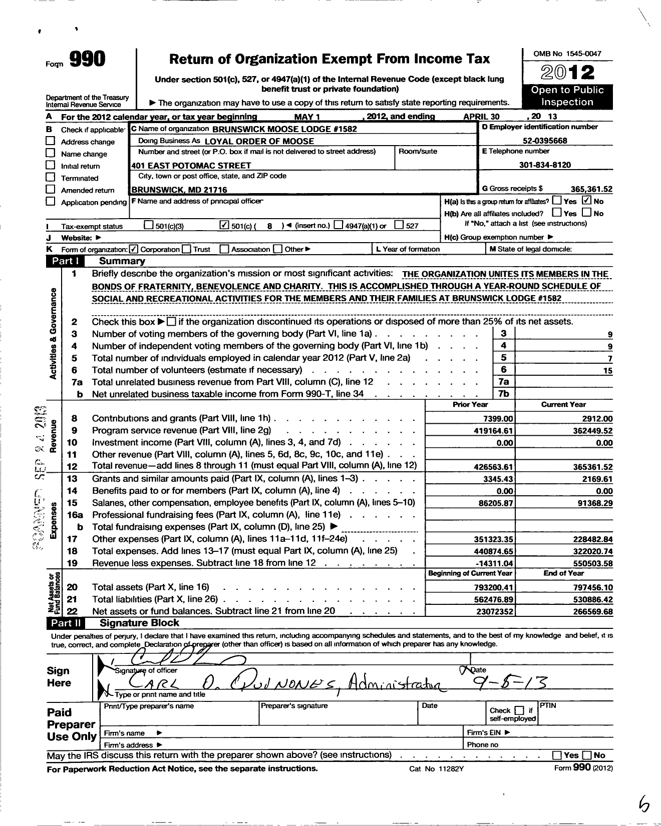 Image of first page of 2012 Form 990O for Loyal Order of Moose - 1582