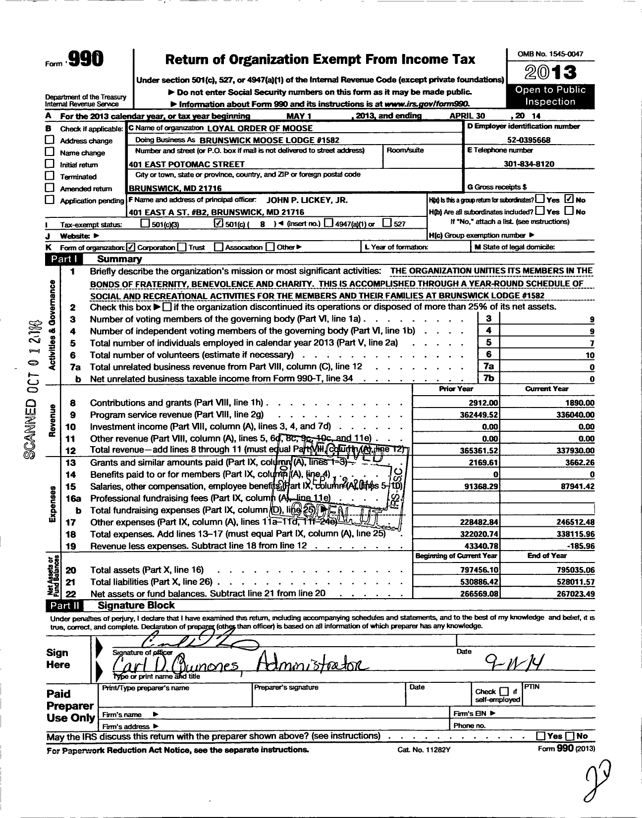 Image of first page of 2013 Form 990O for Loyal Order of Moose - 1582