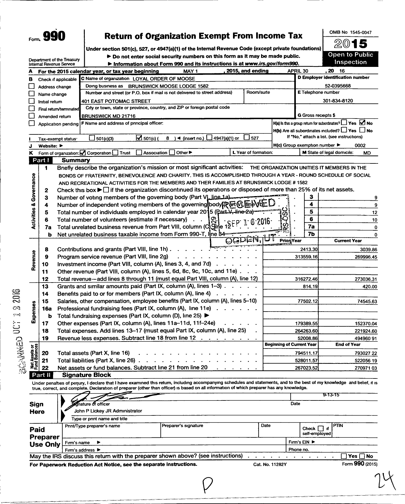 Image of first page of 2015 Form 990O for Loyal Order of Moose - 1582