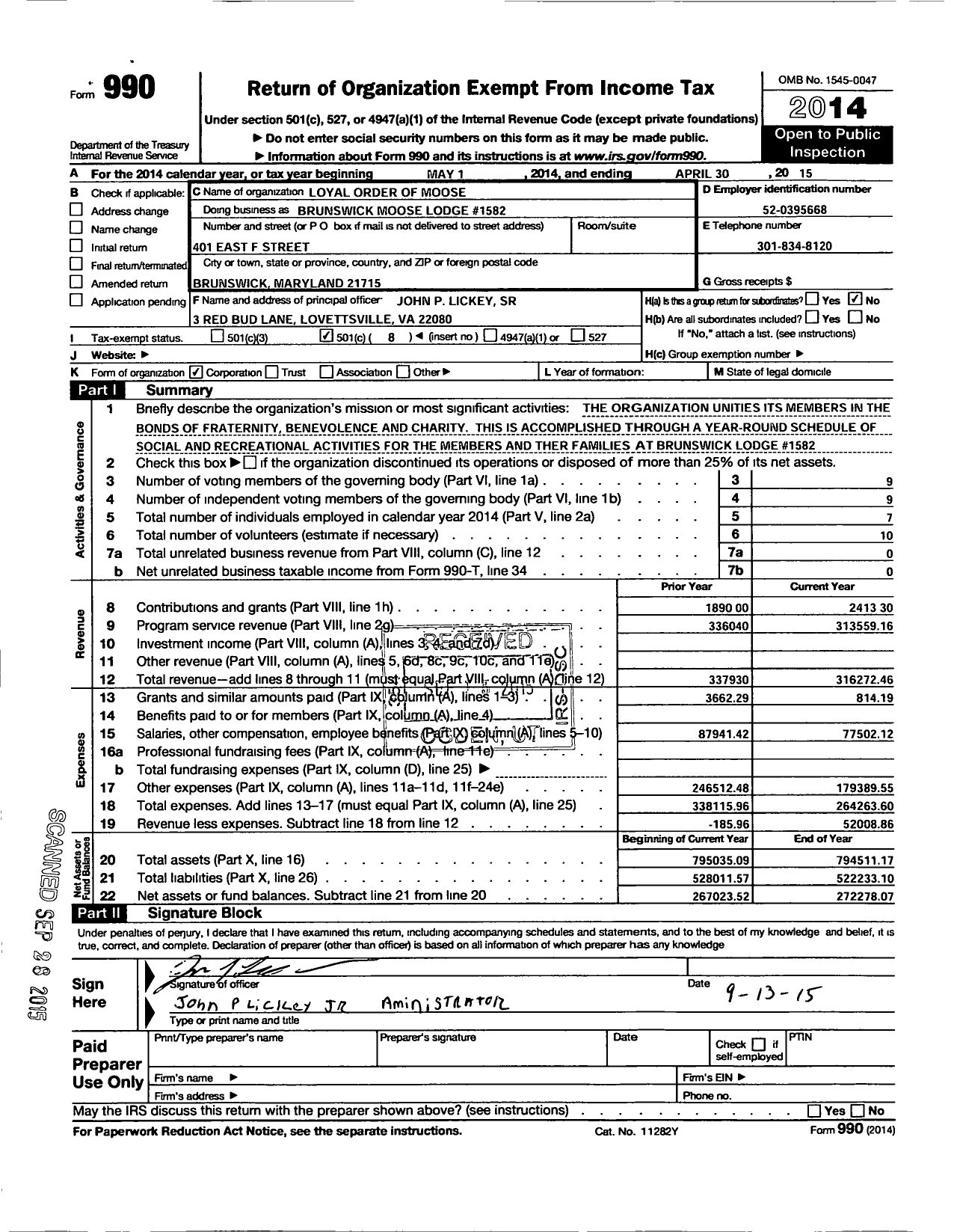 Image of first page of 2014 Form 990O for Loyal Order of Moose - 1582