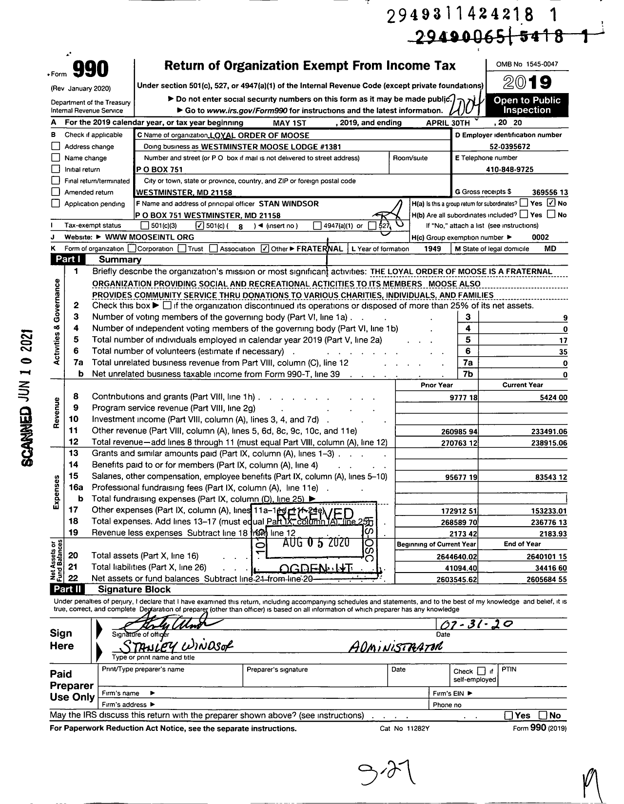 Image of first page of 2019 Form 990O for Loyal Order of Moose - Westminster Moose LODGE 1381