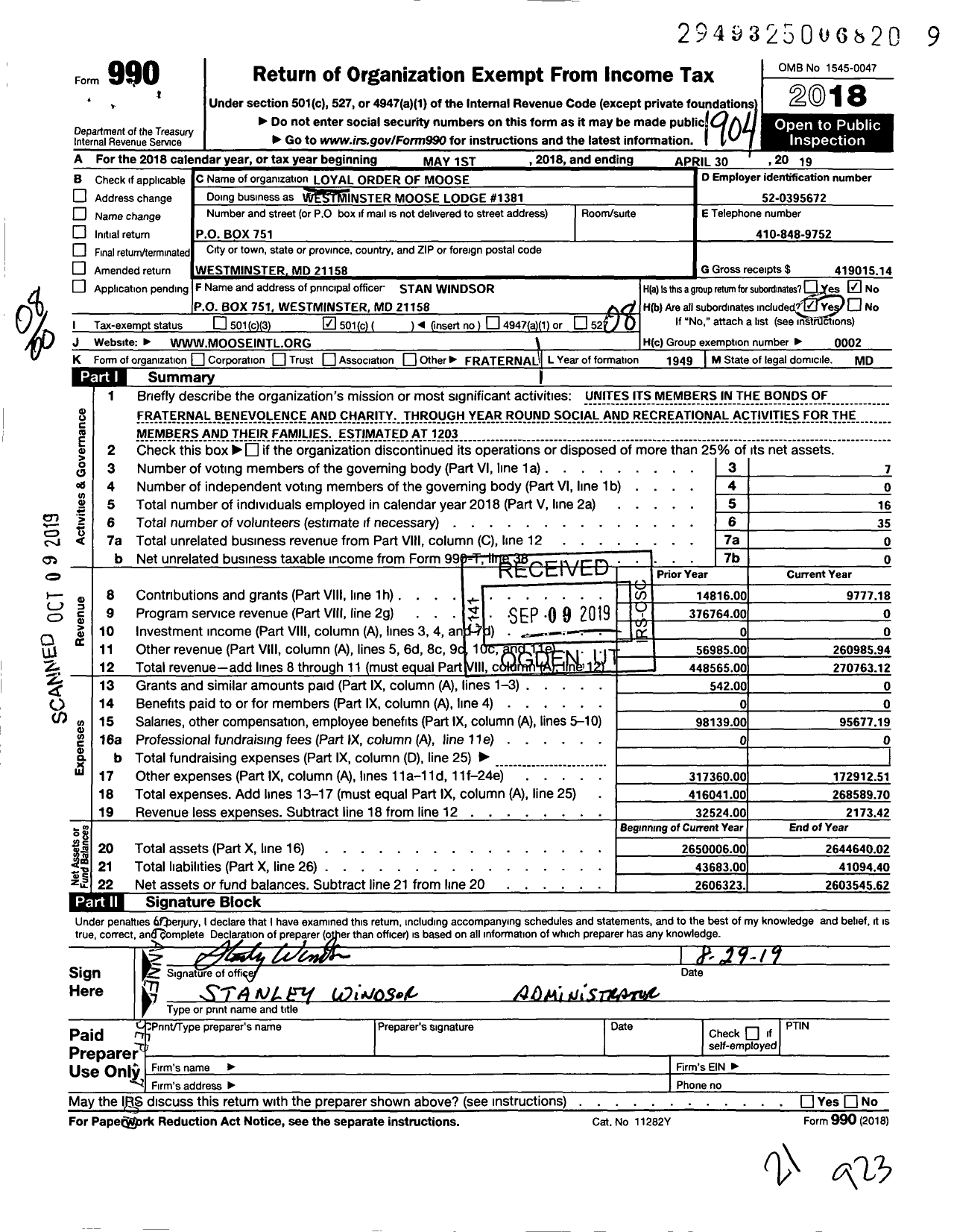 Image of first page of 2018 Form 990O for Loyal Order of Moose - Westminster Moose LODGE 1381