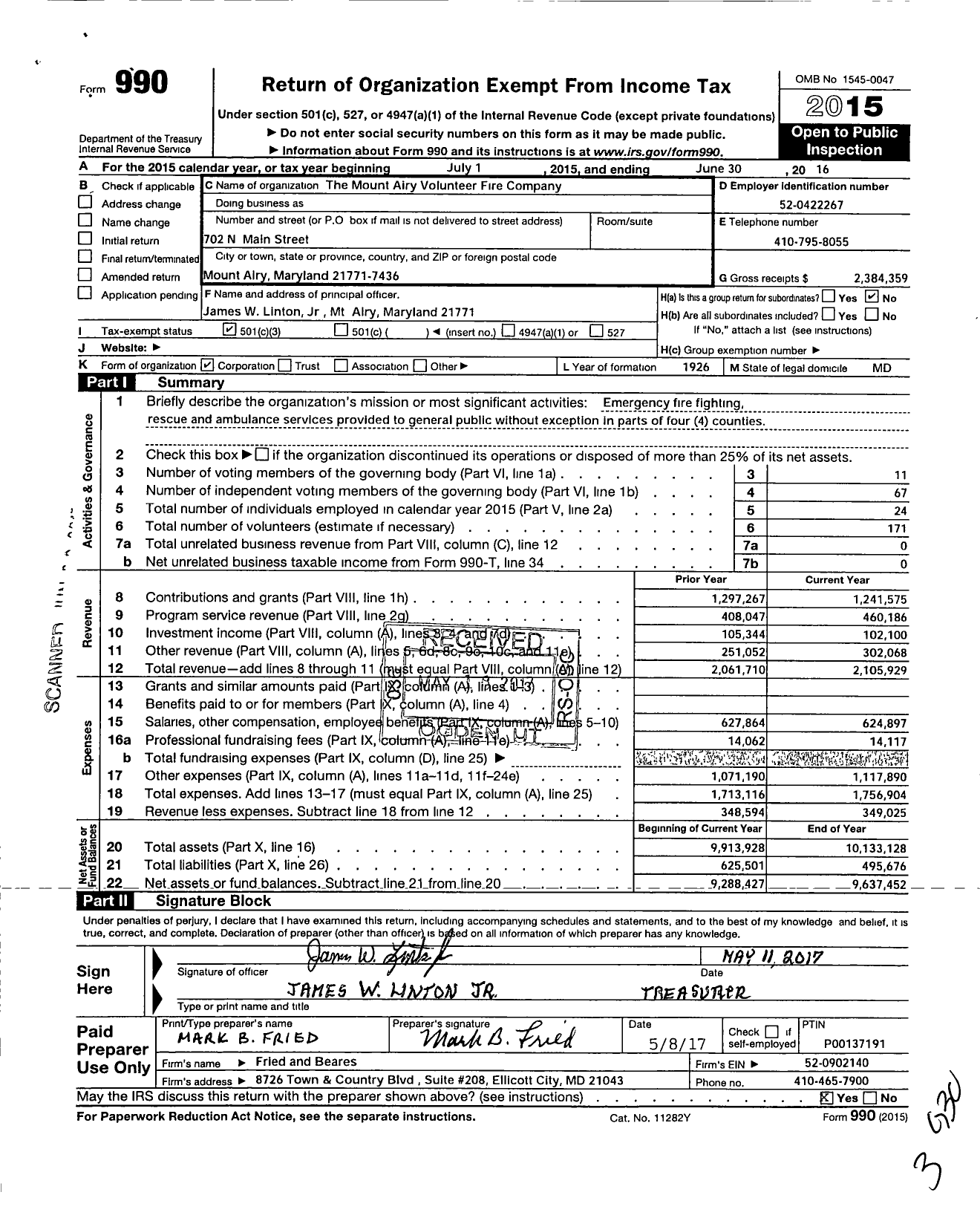 Image of first page of 2015 Form 990 for The Mount Airy Volunteer Fire Company