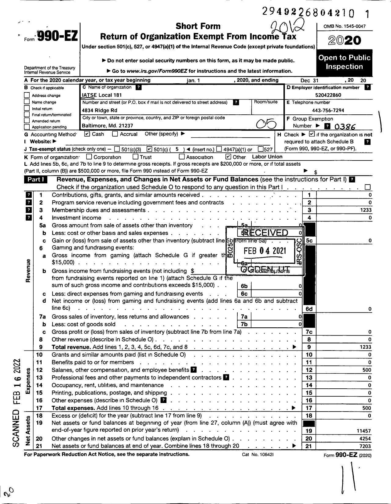 Image of first page of 2020 Form 990EO for International Alliance of Theatrical Stage Employees - 181 Iatse