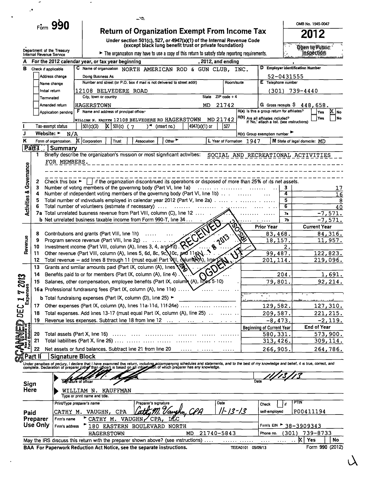 Image of first page of 2012 Form 990O for North American Rod and Gun Club