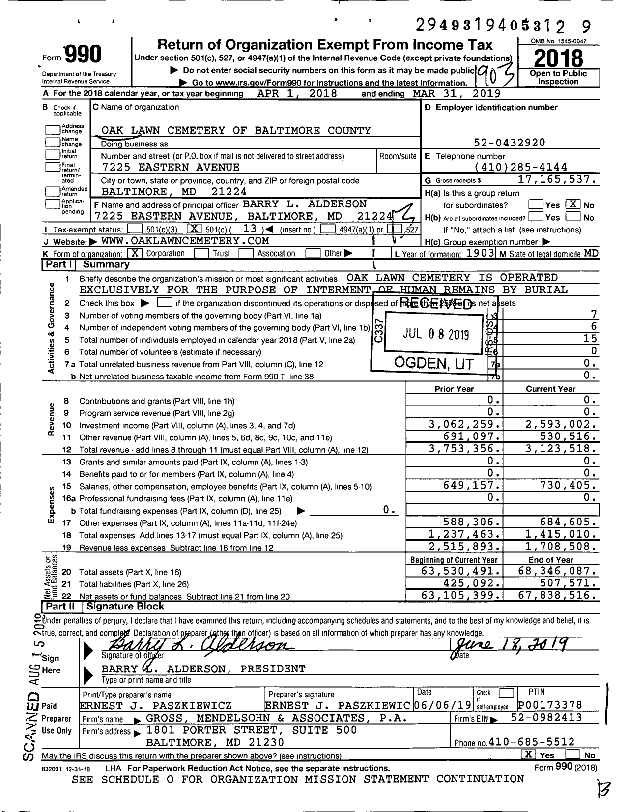 Image of first page of 2018 Form 990O for Oak Lawn Cemetery