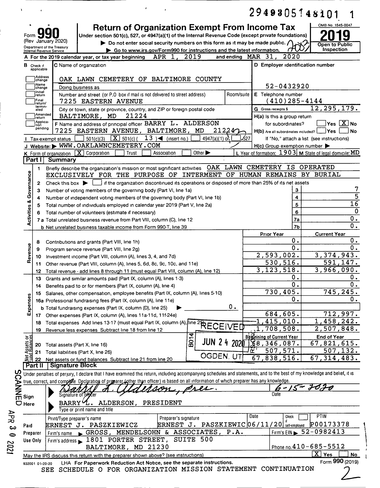 Image of first page of 2019 Form 990O for Oak Lawn Cemetery