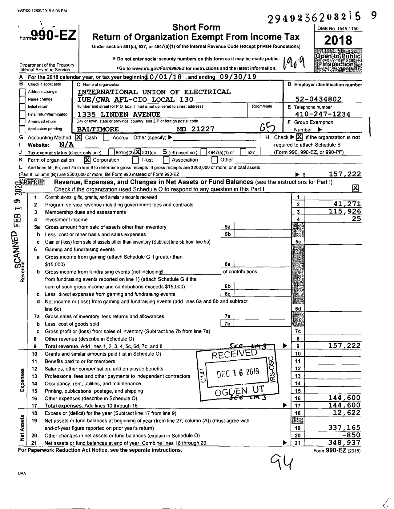 Image of first page of 2018 Form 990EO for Communications Workers of America - 82130 Local