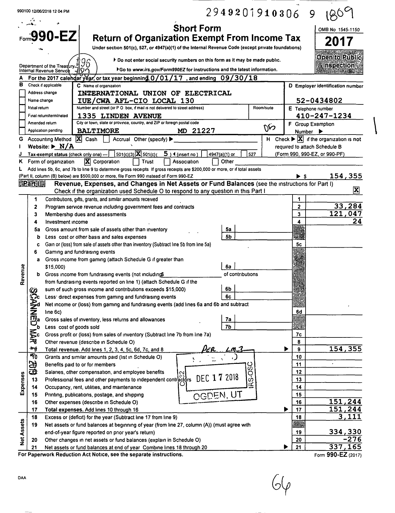 Image of first page of 2017 Form 990EO for Communications Workers of America - 82130 Local