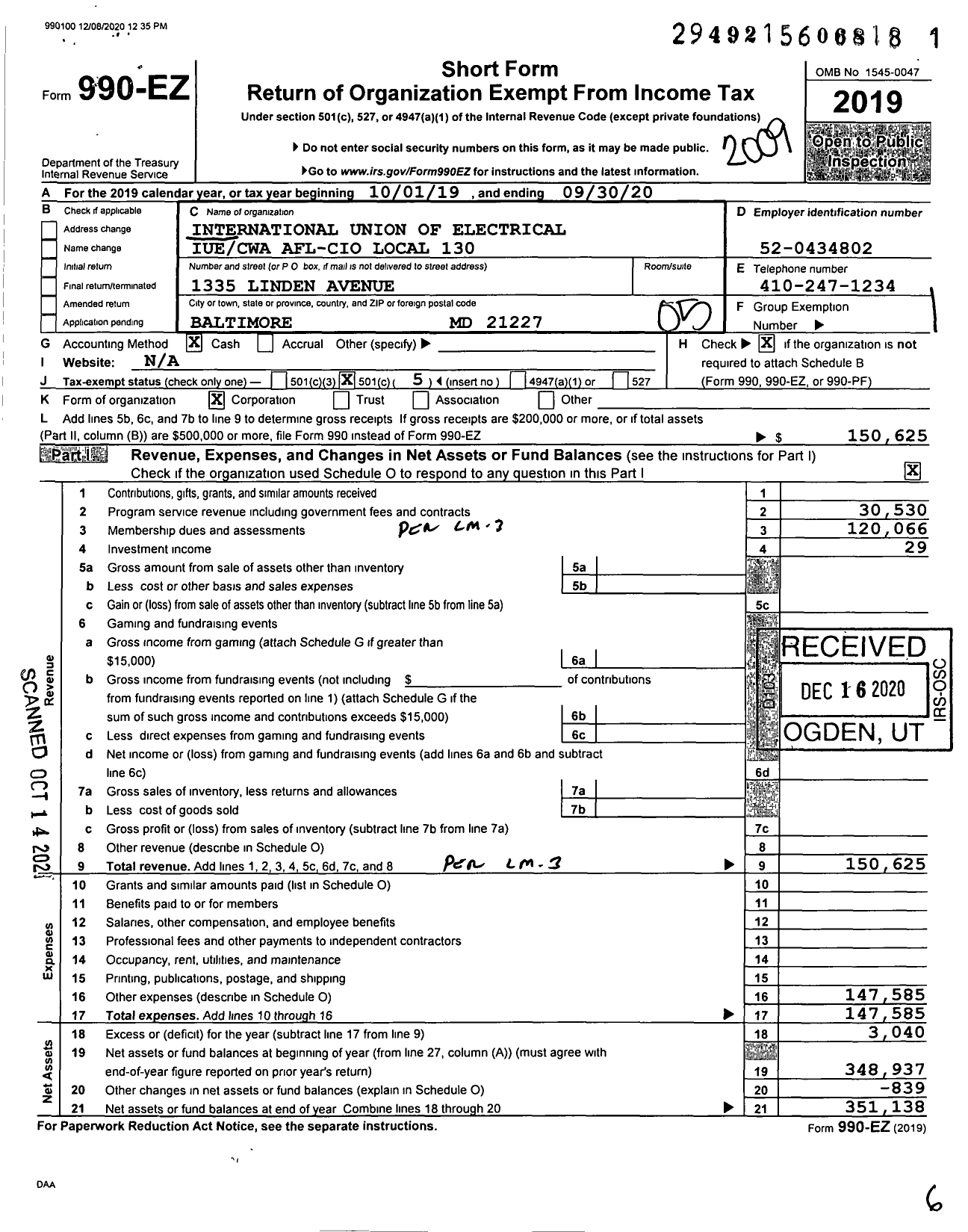 Image of first page of 2019 Form 990EO for Communications Workers of America - 82130 Local