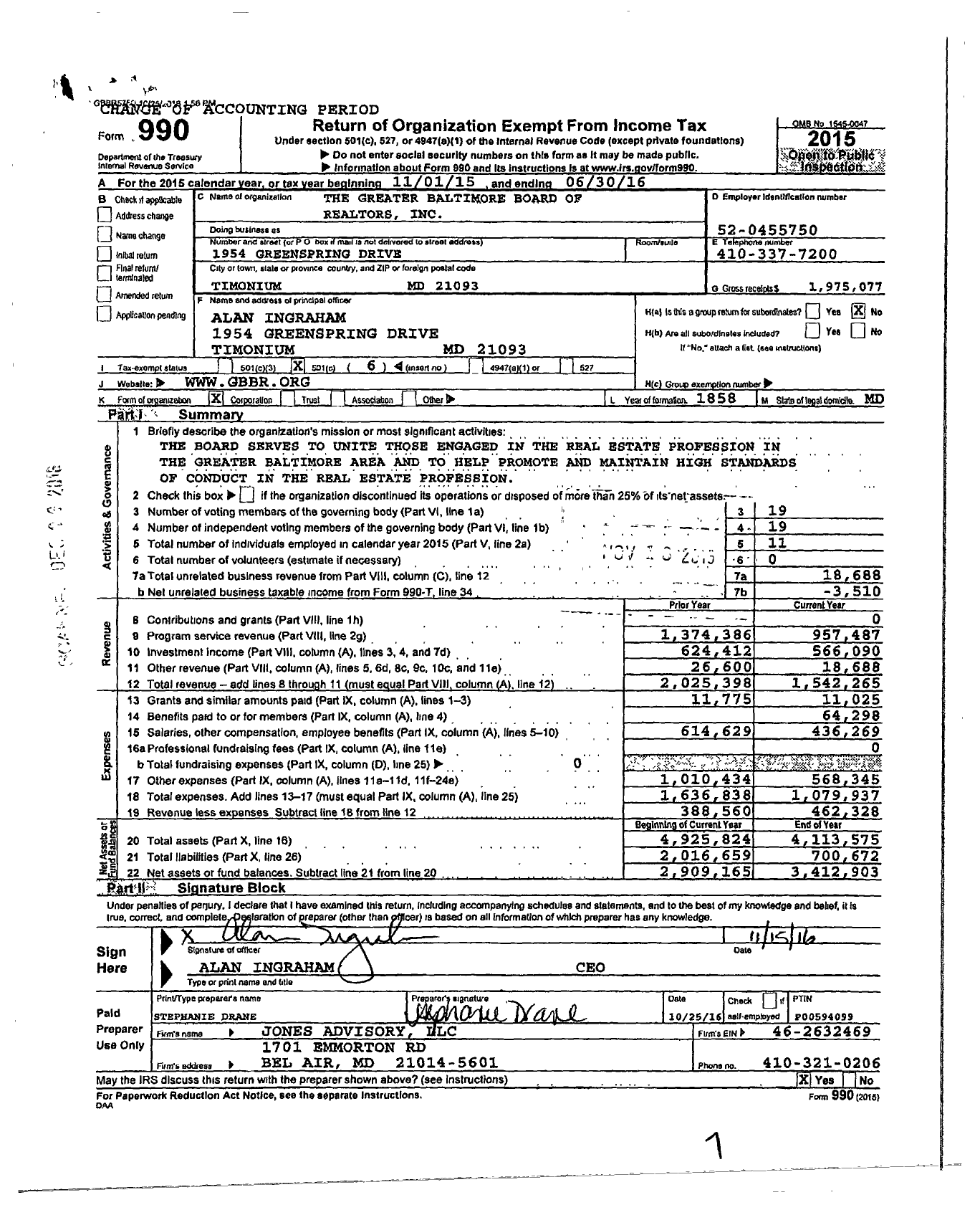 Image of first page of 2015 Form 990O for Greater Baltimore Board of Realtors (GBBR)