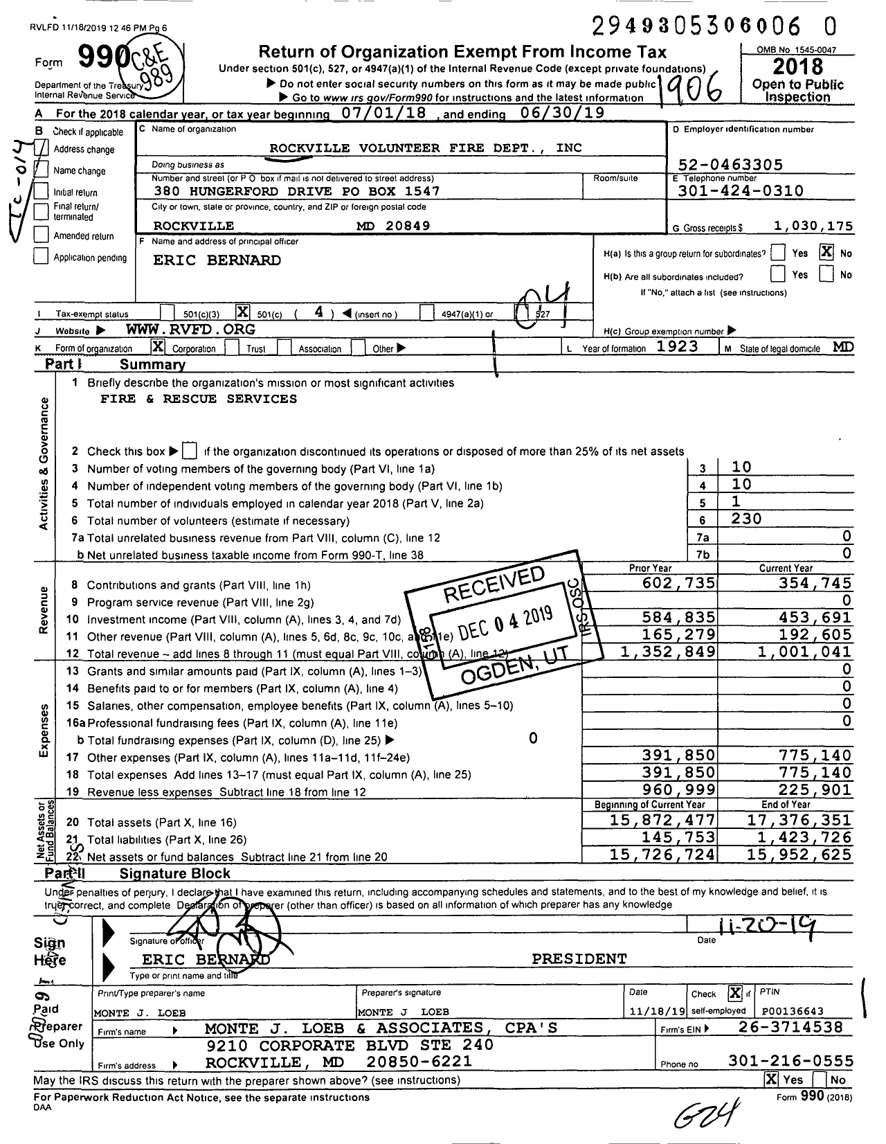 Image of first page of 2018 Form 990O for Rockville Volunteer Fire Department