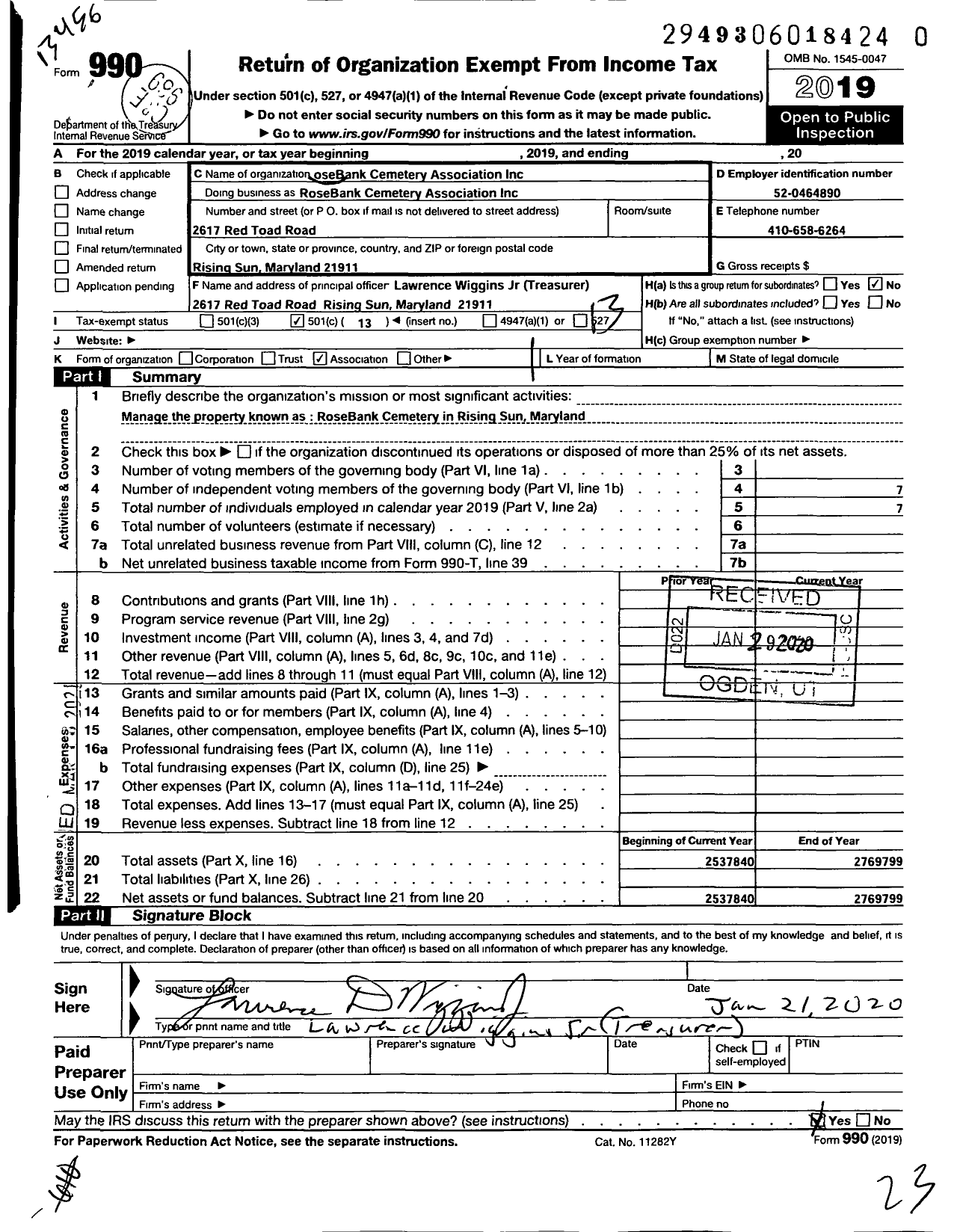 Image of first page of 2019 Form 990O for RoseBank Cemetery Association