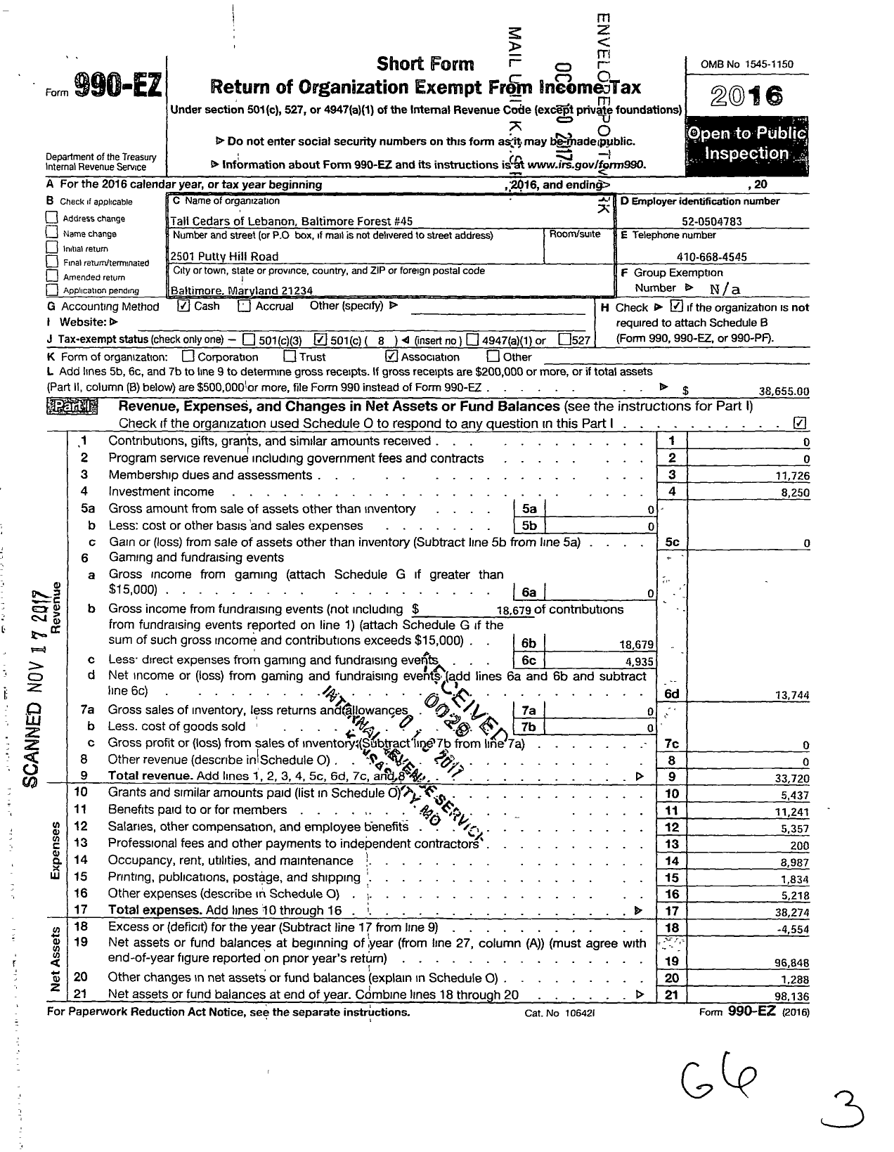 Image of first page of 2016 Form 990EO for Tall Cedars of Lebanon of North America - 45