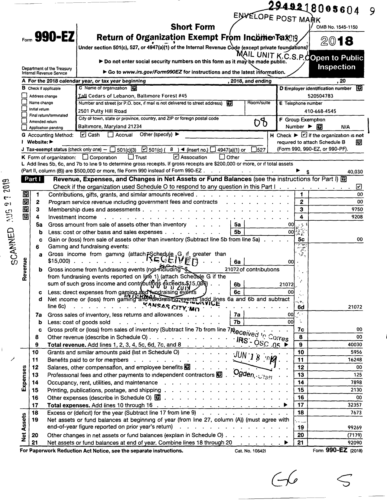 Image of first page of 2018 Form 990EO for Tall Cedars of Lebanon of North America - 45