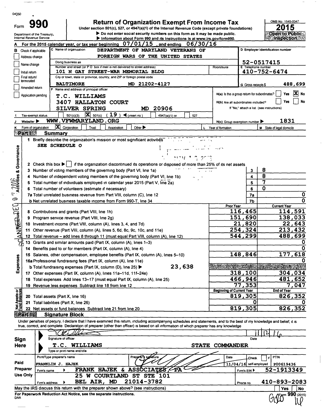 Image of first page of 2015 Form 990O for Department of Maryland Veterans of Foreign Wars of the United States