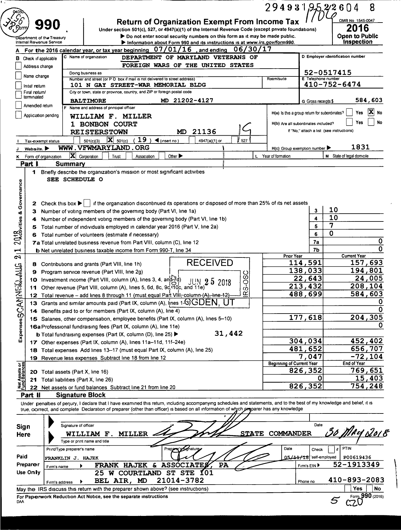 Image of first page of 2016 Form 990O for Department of Maryland Veterans of Foreign Wars of the United States