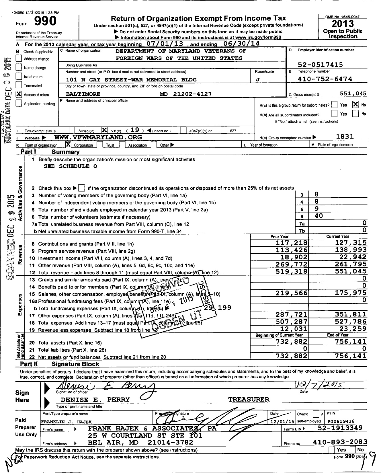 Image of first page of 2013 Form 990O for Department of Maryland Veterans of Foreign Wars of the United States