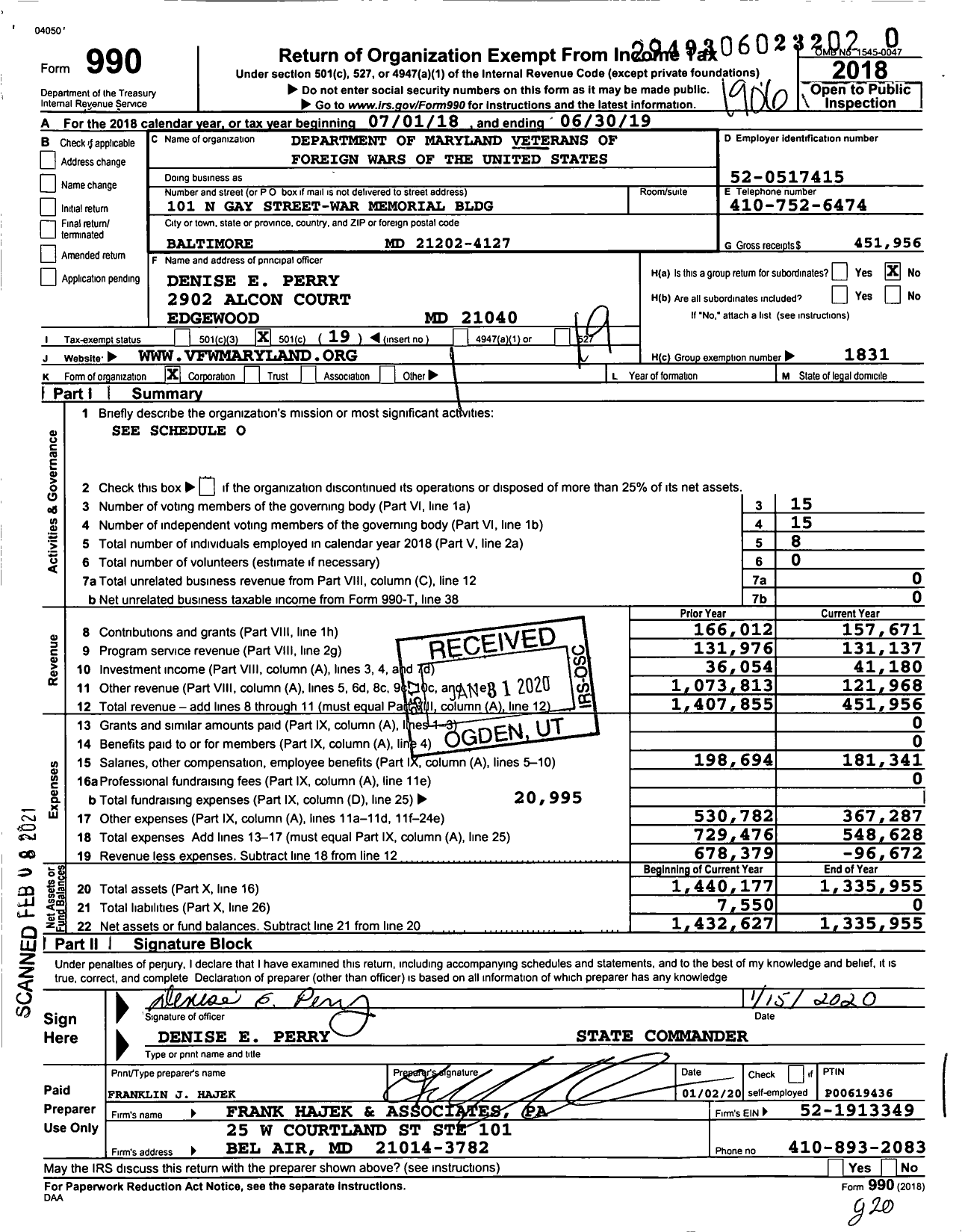 Image of first page of 2018 Form 990O for Department of Maryland Veterans of Foreign Wars of the United States