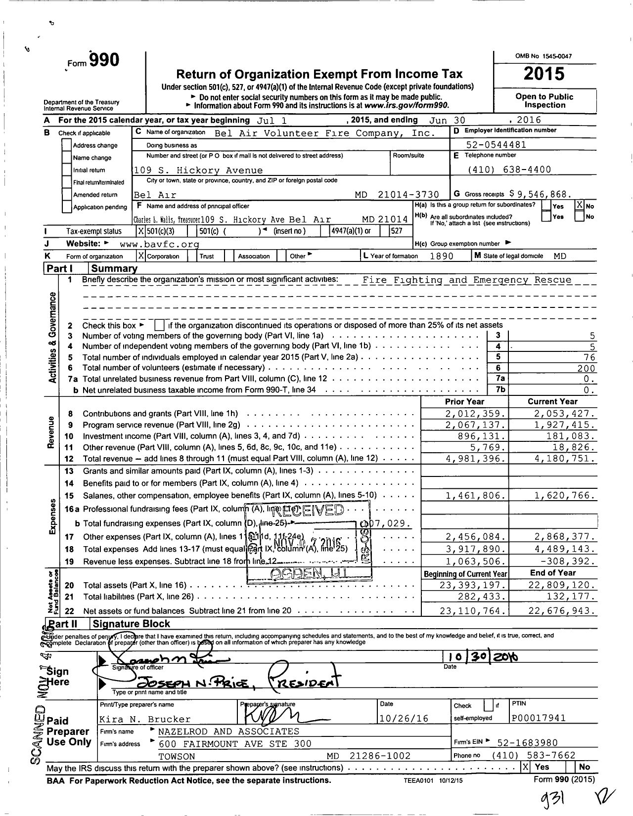 Image of first page of 2015 Form 990 for Bel Air Volunteer Fire Company