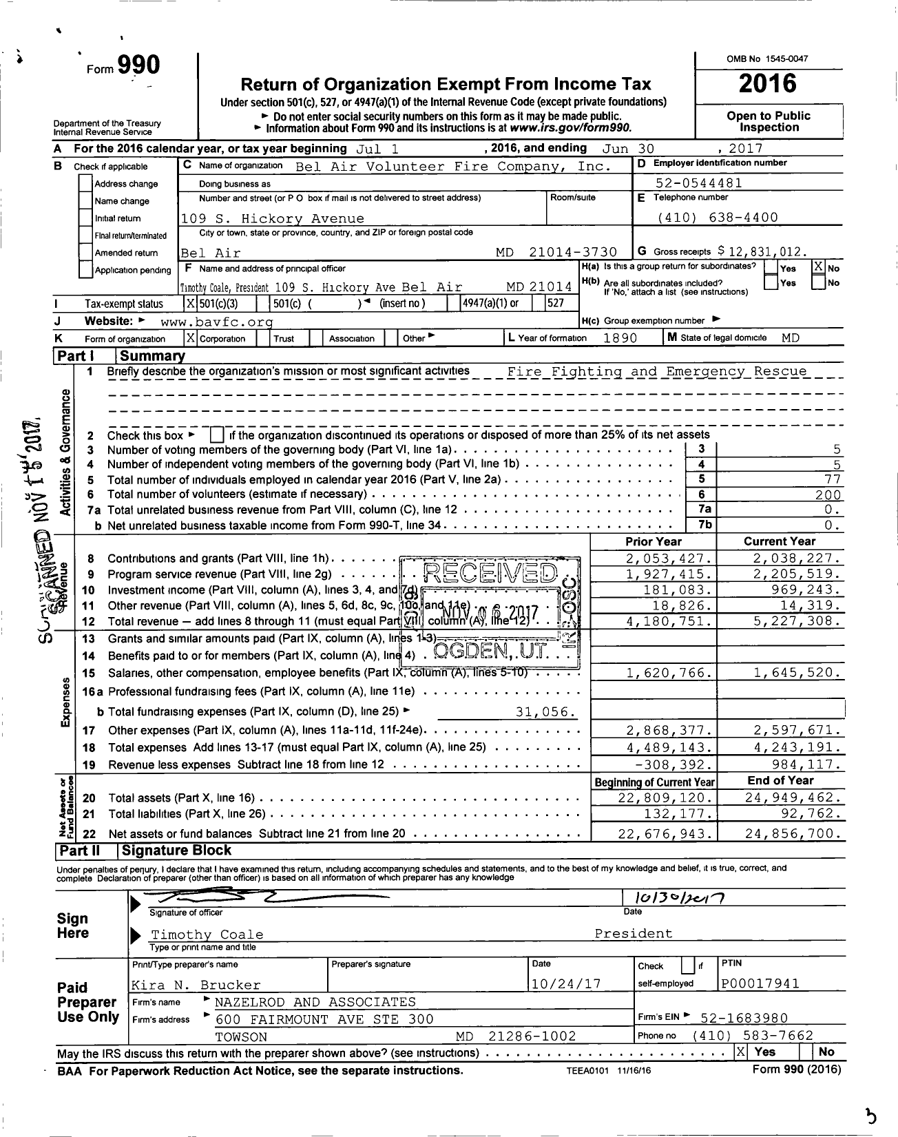 Image of first page of 2016 Form 990 for Bel Air Volunteer Fire Company